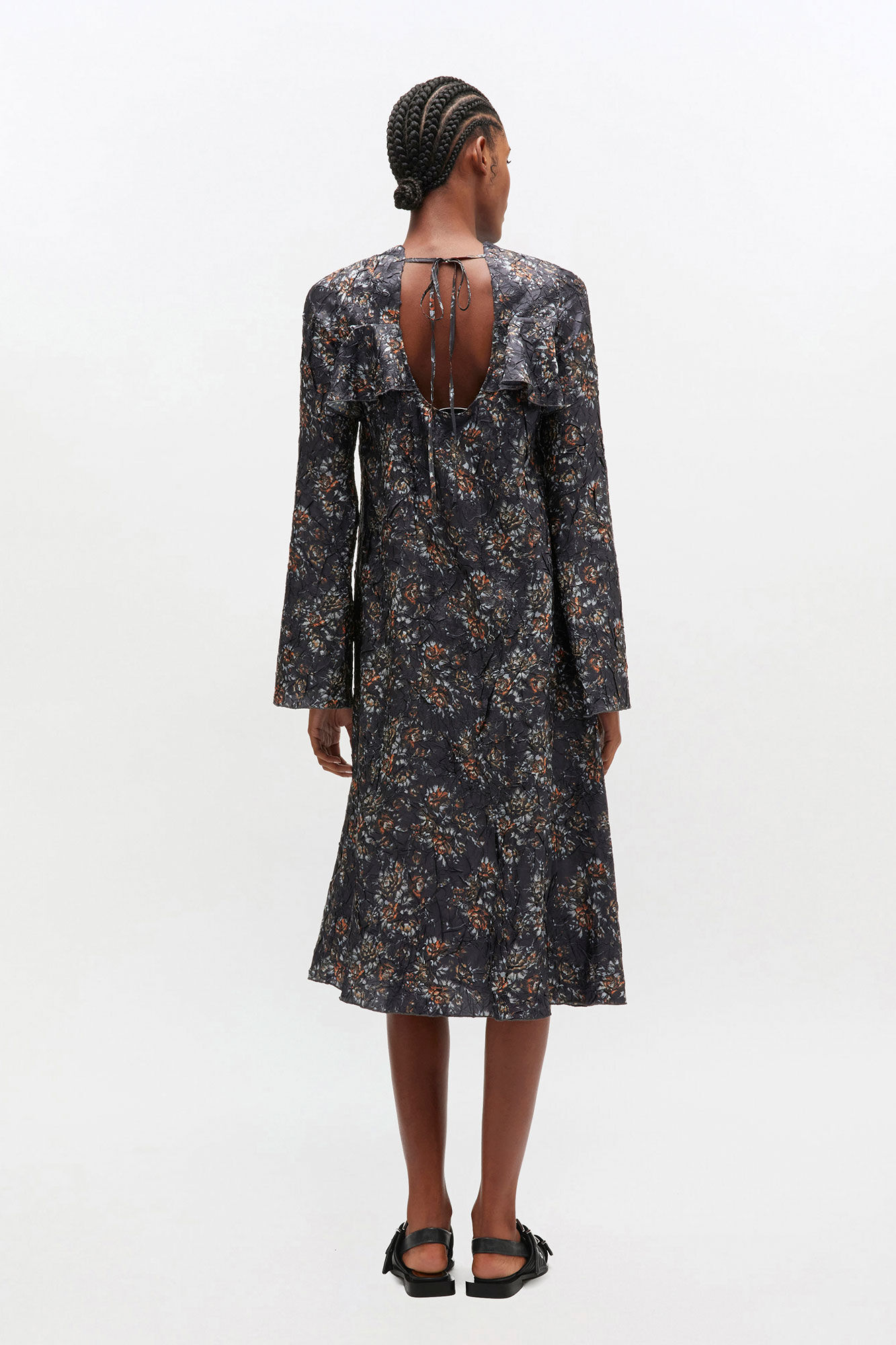 Black Floral Ruffle Dress, Recycled Polyester, in colour Black - 2 - GANNI
