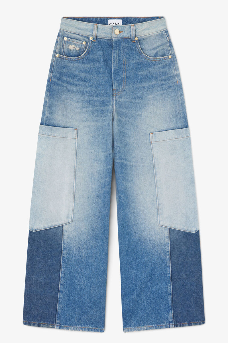 Baggy vid modell i lappt&auml;cksdenim, Organic Cotton, in colour Mid Blue Vintage - 1 - GANNI