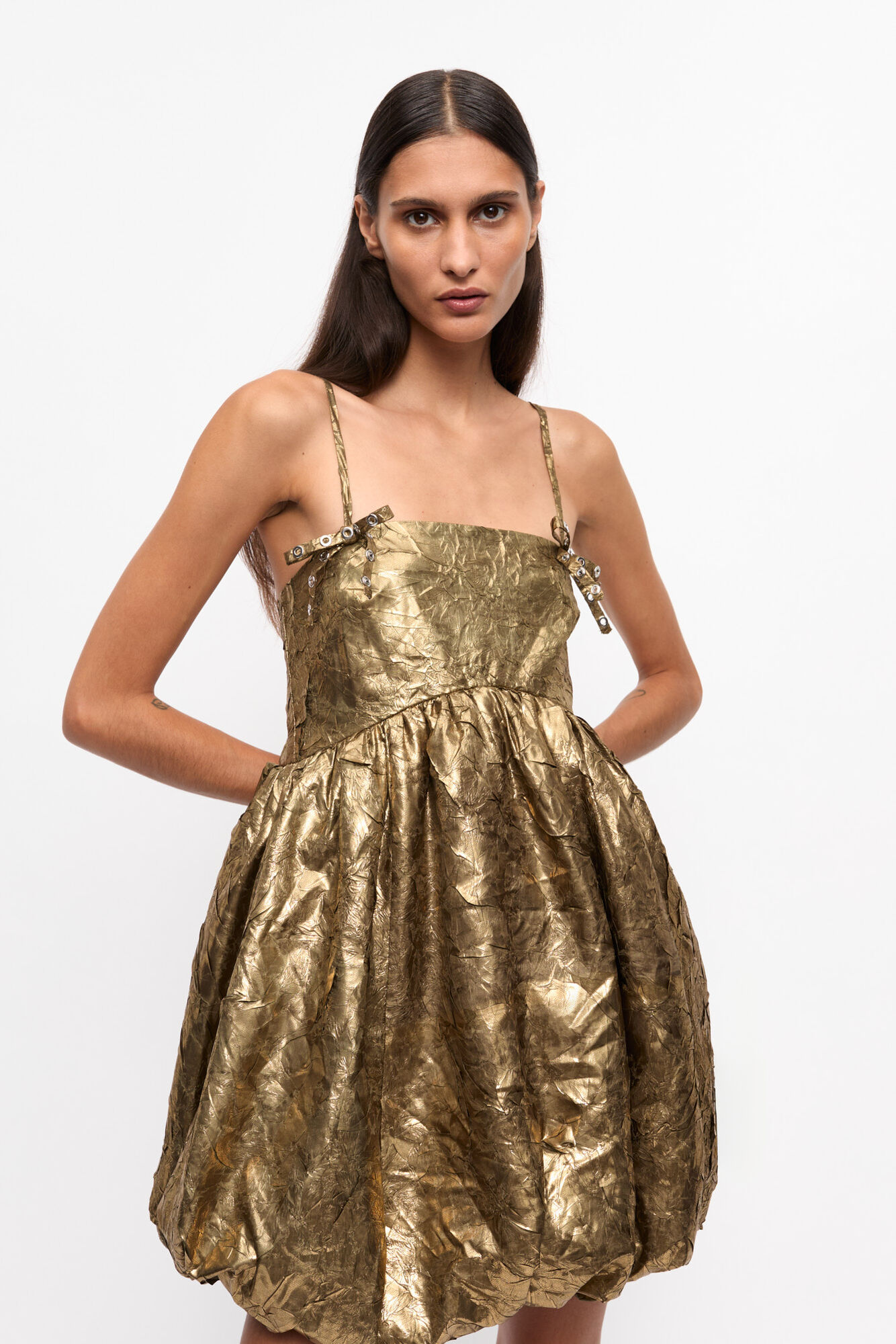 Gold Pleat Strap Mini Dress, Recycled Polyester, in colour Gold - 2 - GANNI