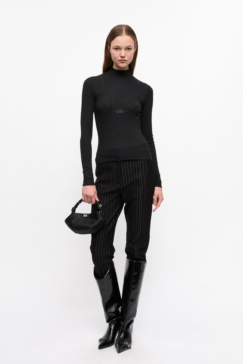 Black Soft Cotton Rib Rhinestone Top, Elastane, in colour Black - 3 - GANNI