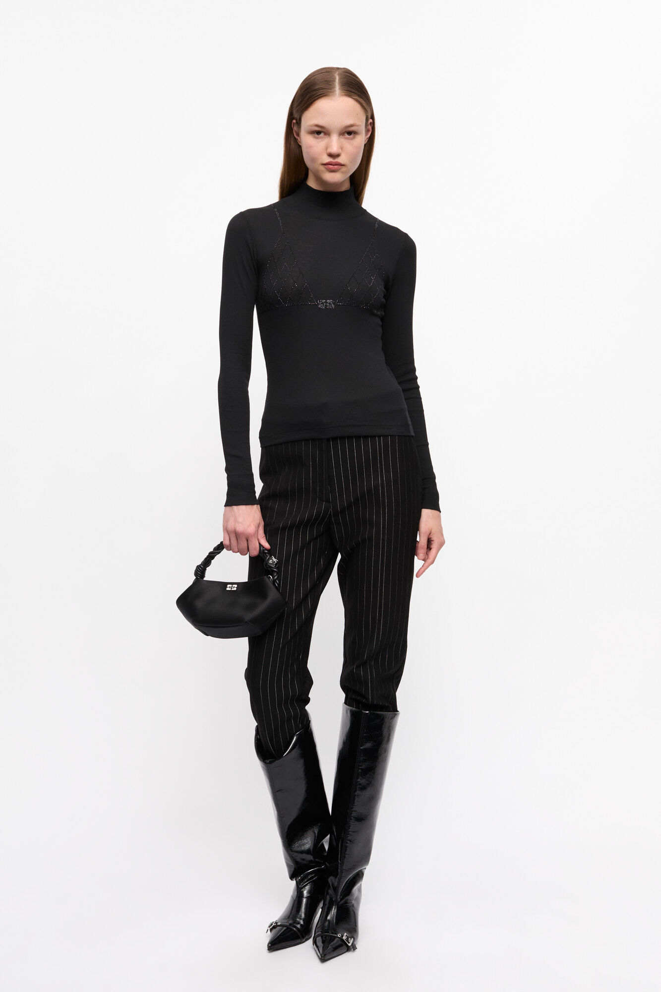 Black Soft Cotton Rib Rhinestone Top, Elastane, in colour Black - 3 - GANNI