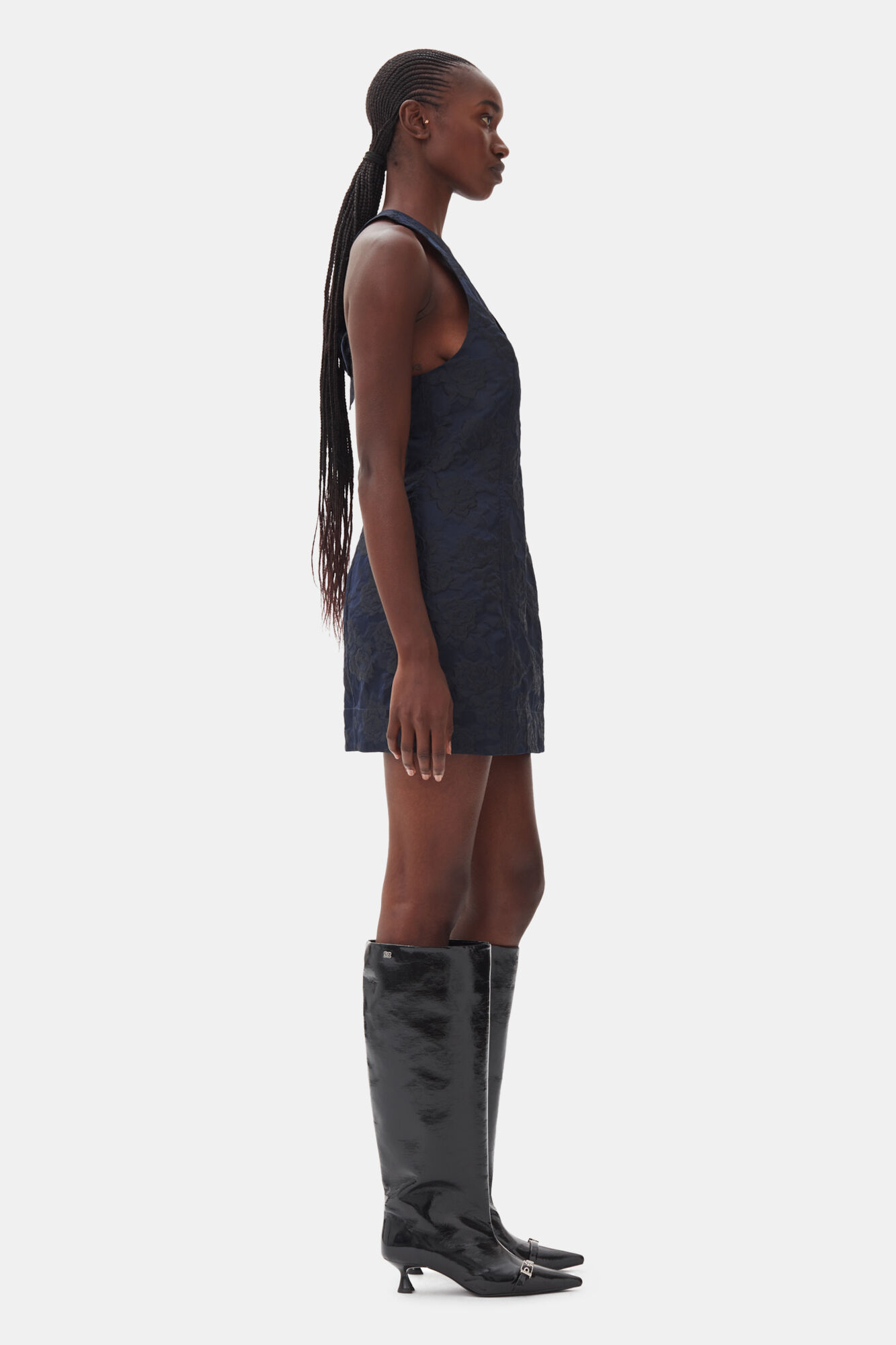 Navy Blue Botanical Jacquard Tie Strap Mini Dress | GANNI BE