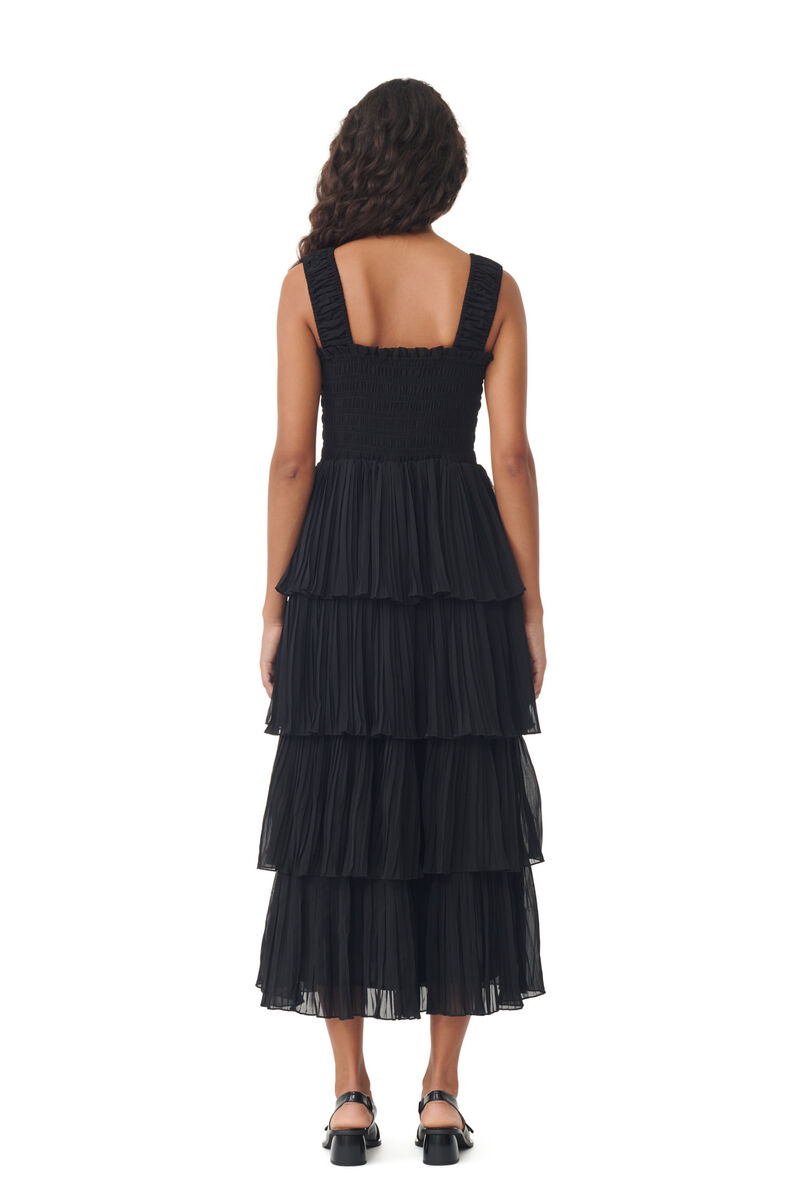 Black Pleated Georgette Flounce Smock Midi Dress, Recycled Polyester, in colour Black - 3 - GANNI