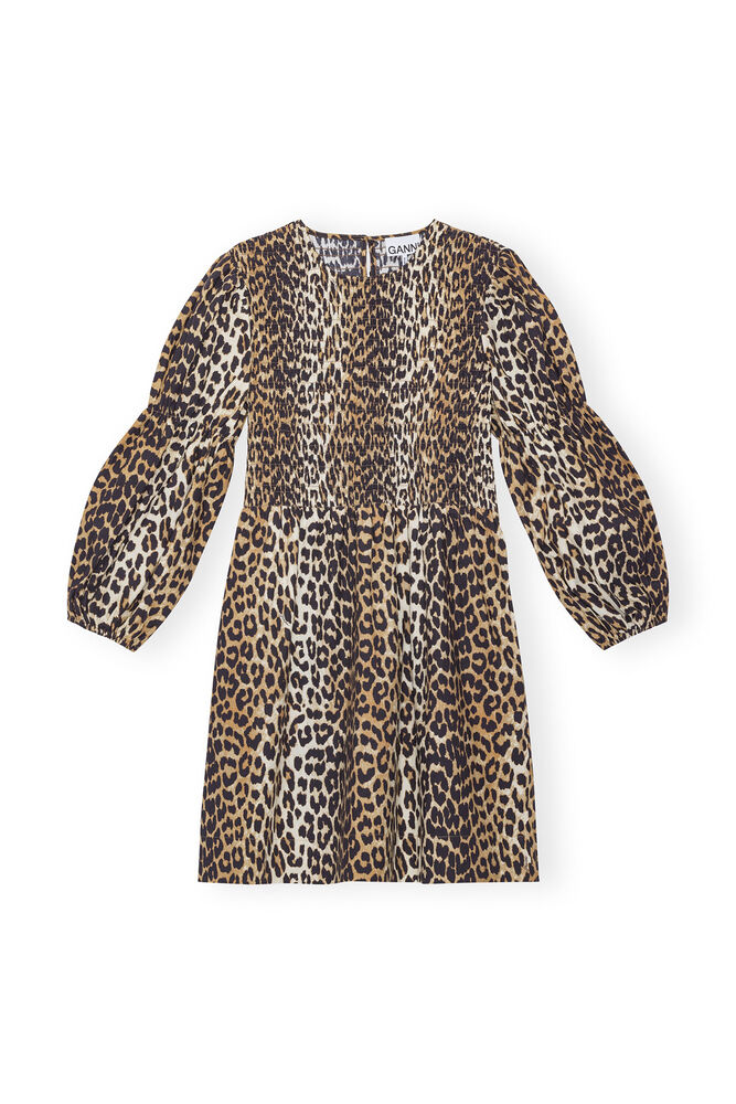 Gesmoktes Minikleid aus Cotton Poplin mit Leo-Print, Leopard