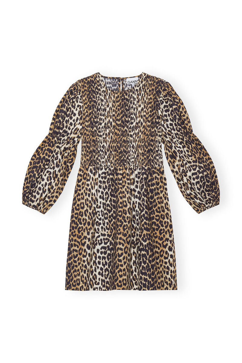 Leopard Cotton Poplin Smock Mini Dress, Cotton, in colour Leopard - 1 - GANNI