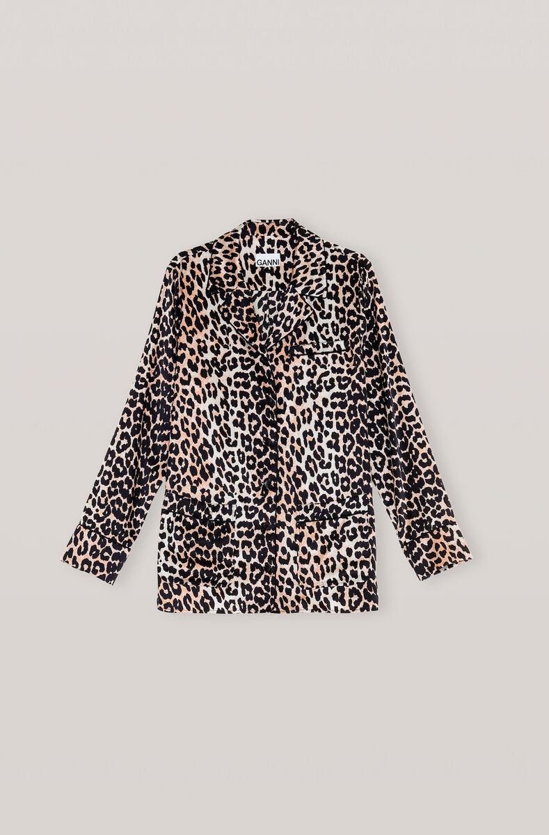 Silk Stretch Satin Shirt, Satin, in colour Leopard - 1 - GANNI
