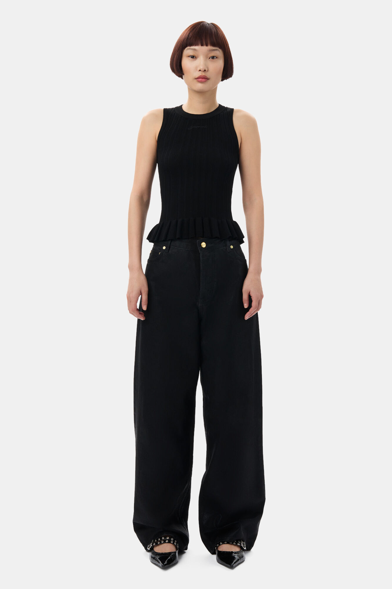Black Rib Tank Top, Polyamide, in colour Black - 2 - GANNI