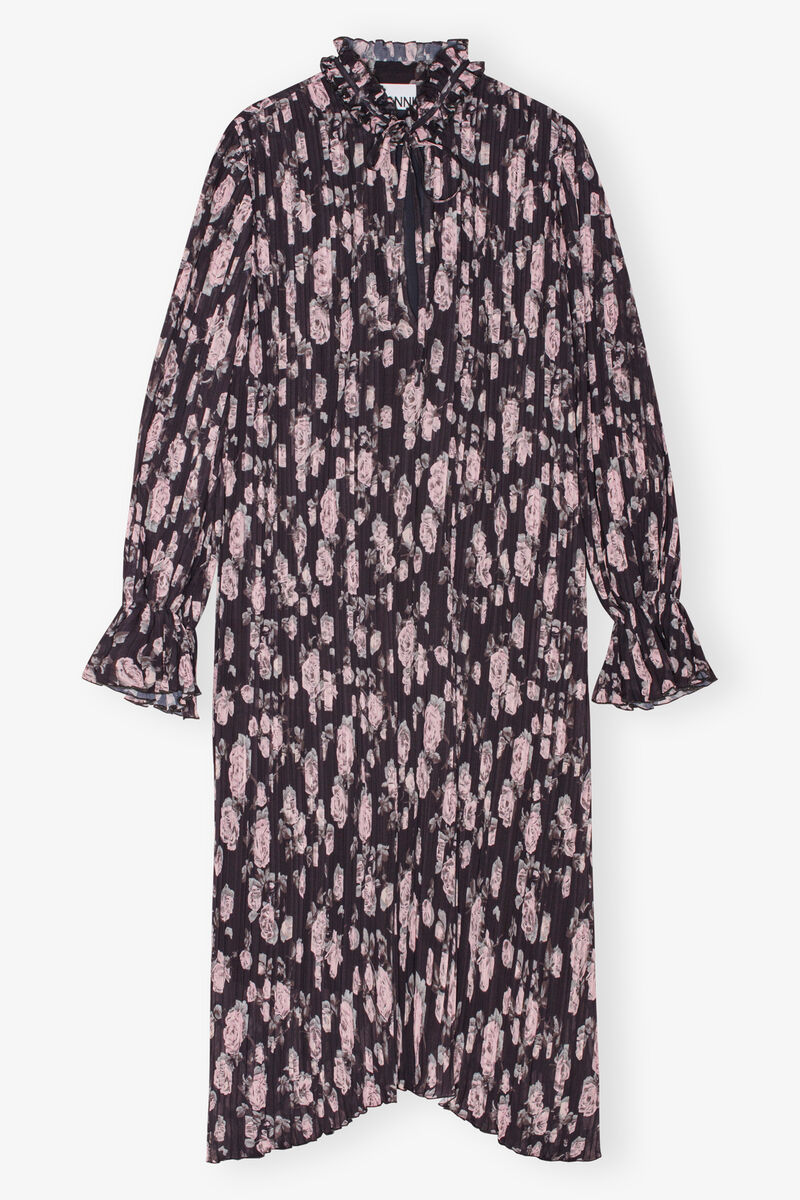 Blommig Tryckt Plisserad Georgette Midi Klänning, Recycled Polyester, in colour Phantom - 1 - GANNI
