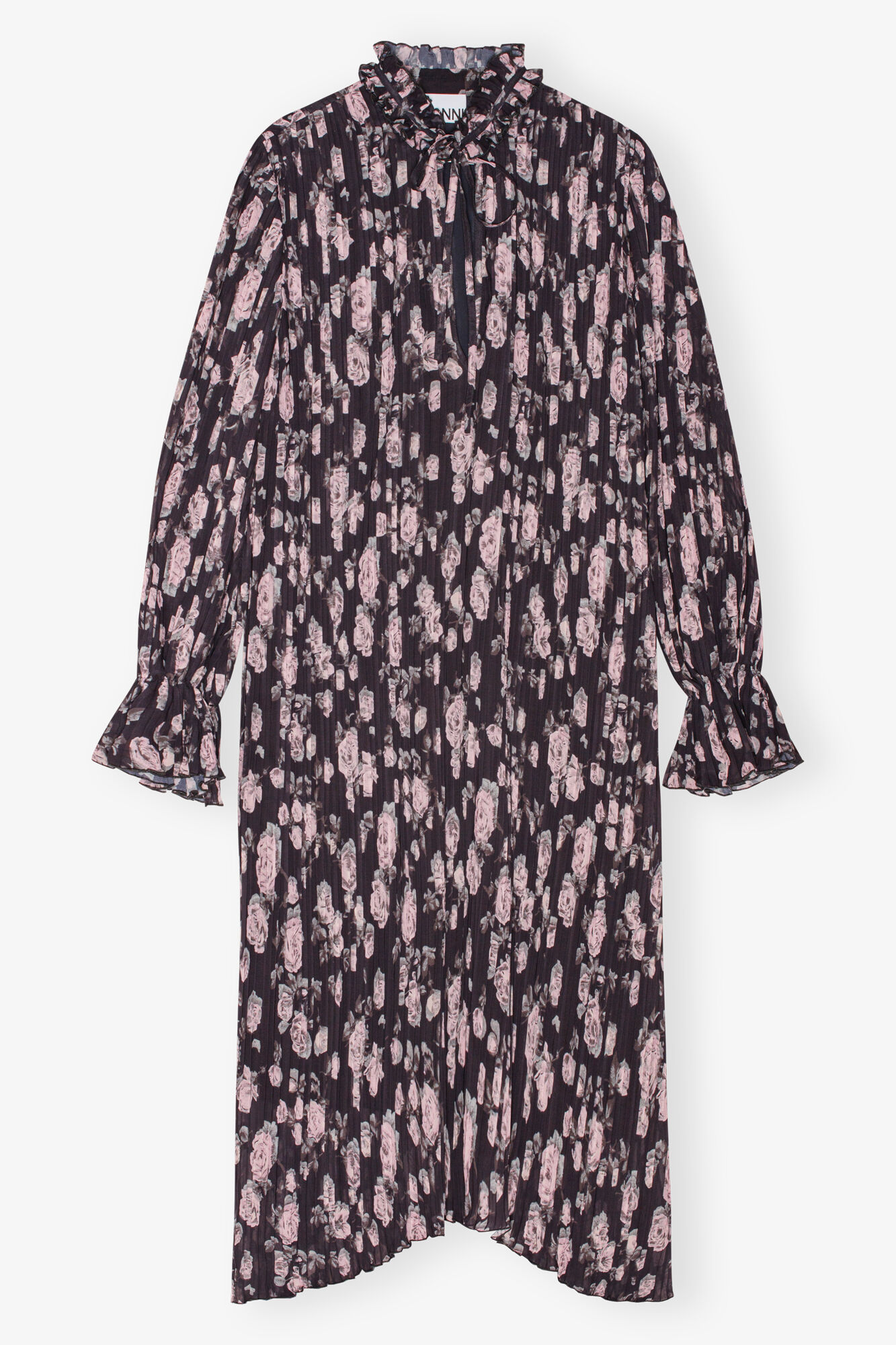 Blommig Tryckt Plisserad Georgette Midi Klänning, Recycled Polyester, in colour Phantom - 1 - GANNI
