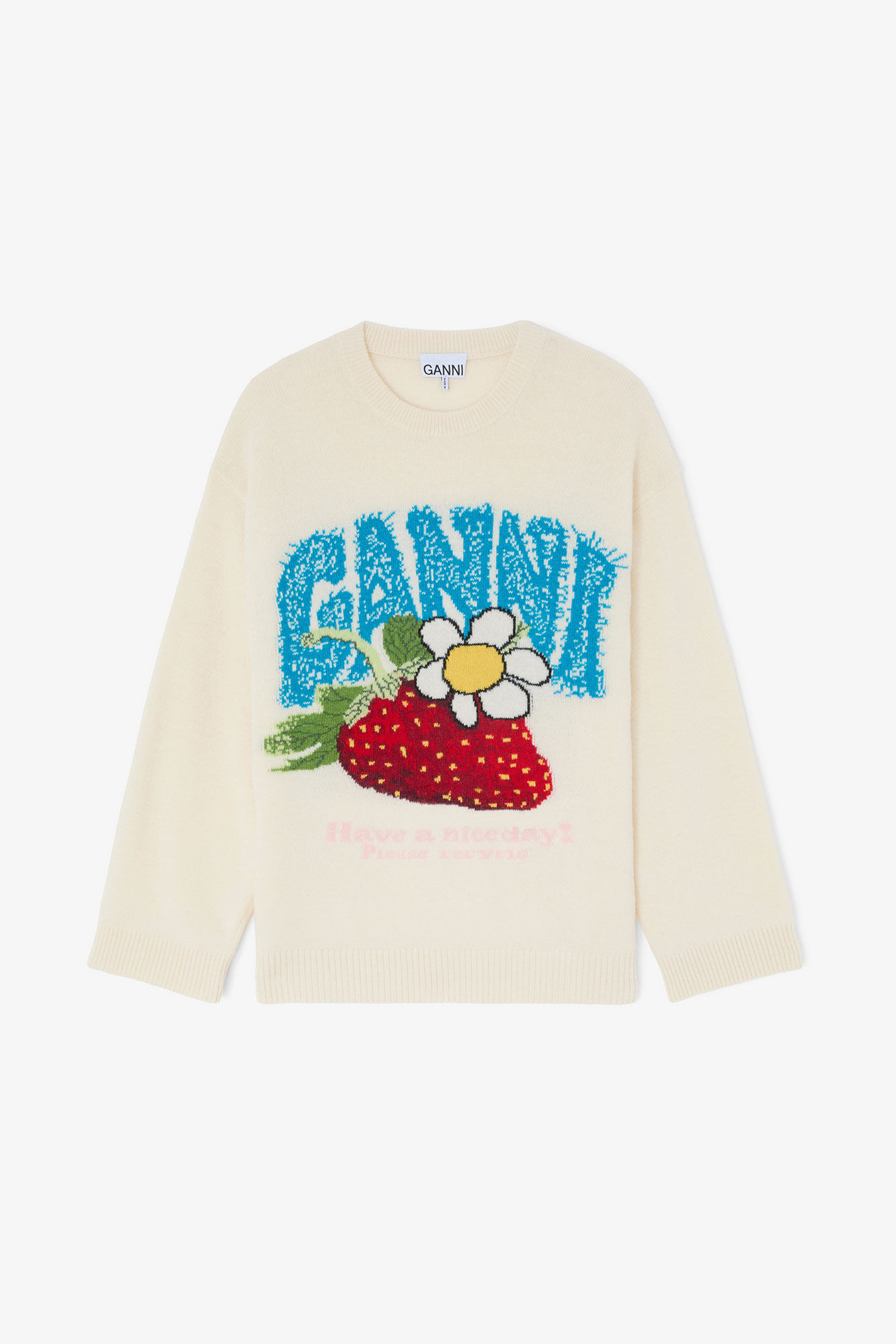 Oversized striktr&oslash;je med jordb&aelig;r, Wool, in colour Egret - 1 - GANNI