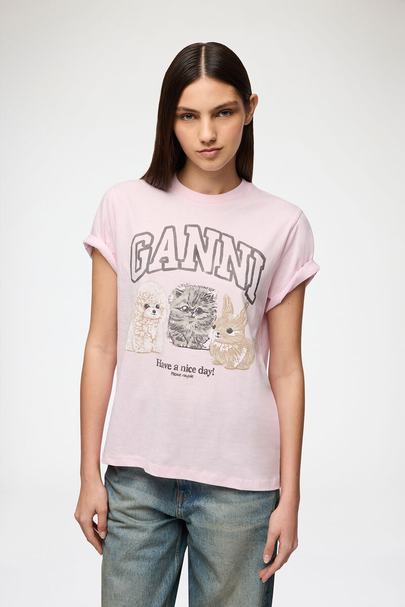 T-Shirt mit Tieren, Organic Cotton, in colour Chalk Pink - 1 - GANNI