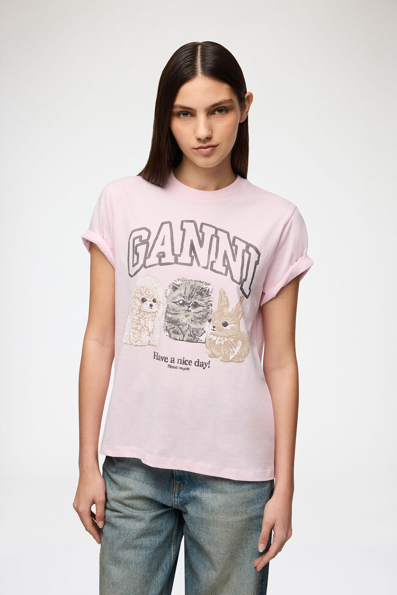 T-Shirt mit Tieren, Organic Cotton, in colour Chalk Pink - 1 - GANNI