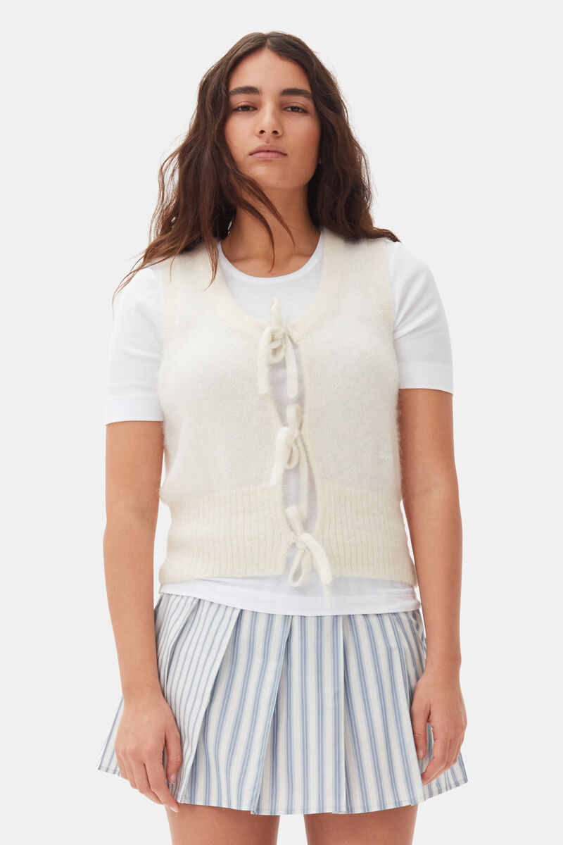 Ivory Tie String Vest, Merino Wool, in colour Egret - 1 - GANNI