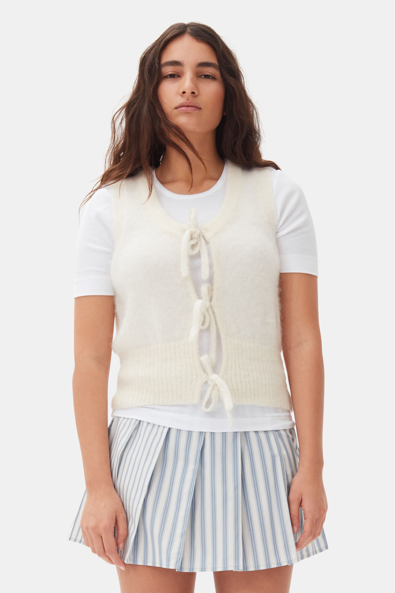 Ivory Tie String Vest, Merino Wool, in colour Egret - 1 - GANNI