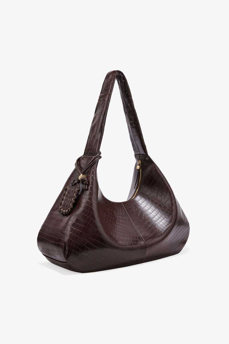Brown Croco XXL Hobo Bag, Recycled Leather, in colour Chocolate Fondant - 2 - GANNI