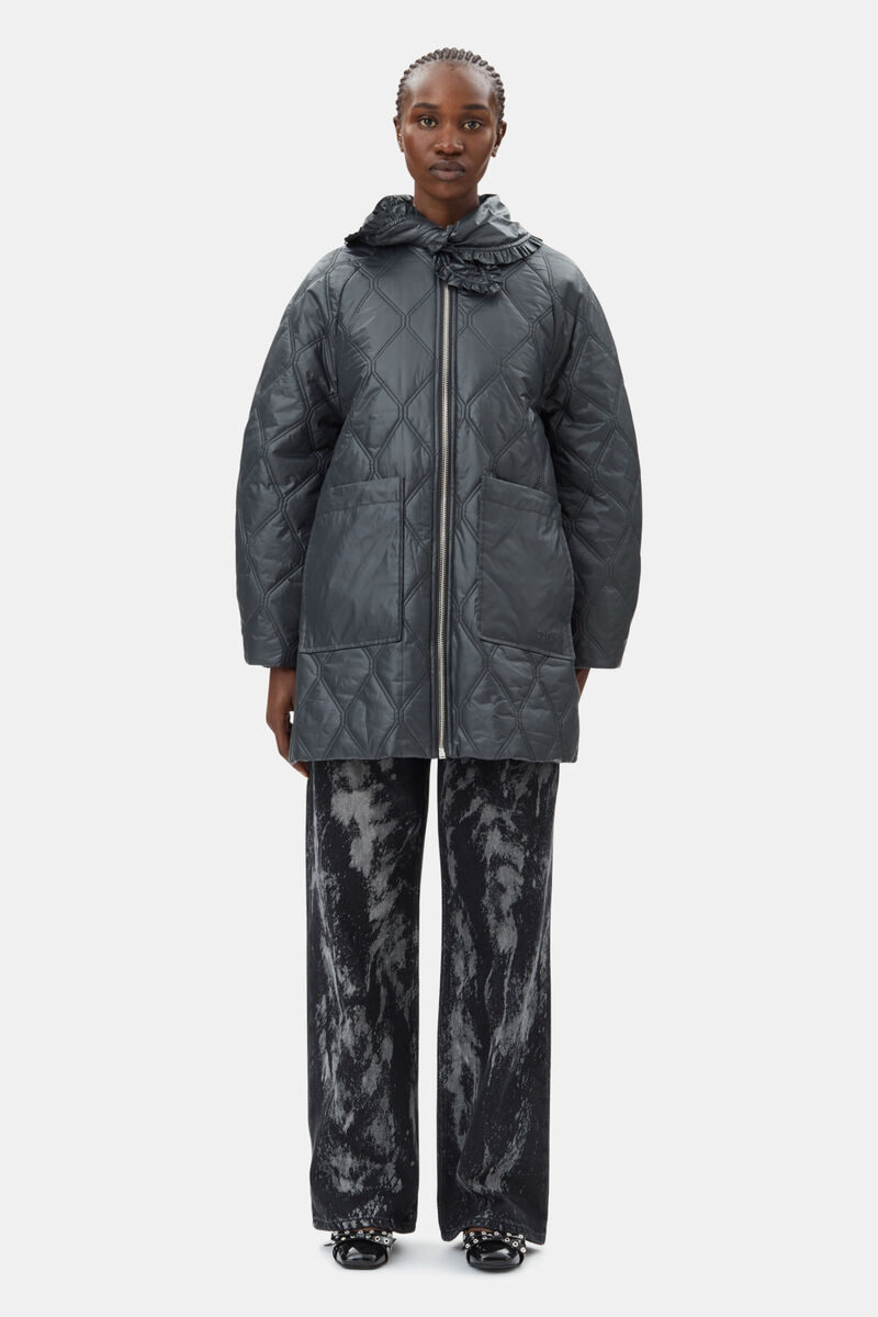 Black Shiny Quilt Midi Jacket, Nylon, in colour Black Sand - 2 - GANNI