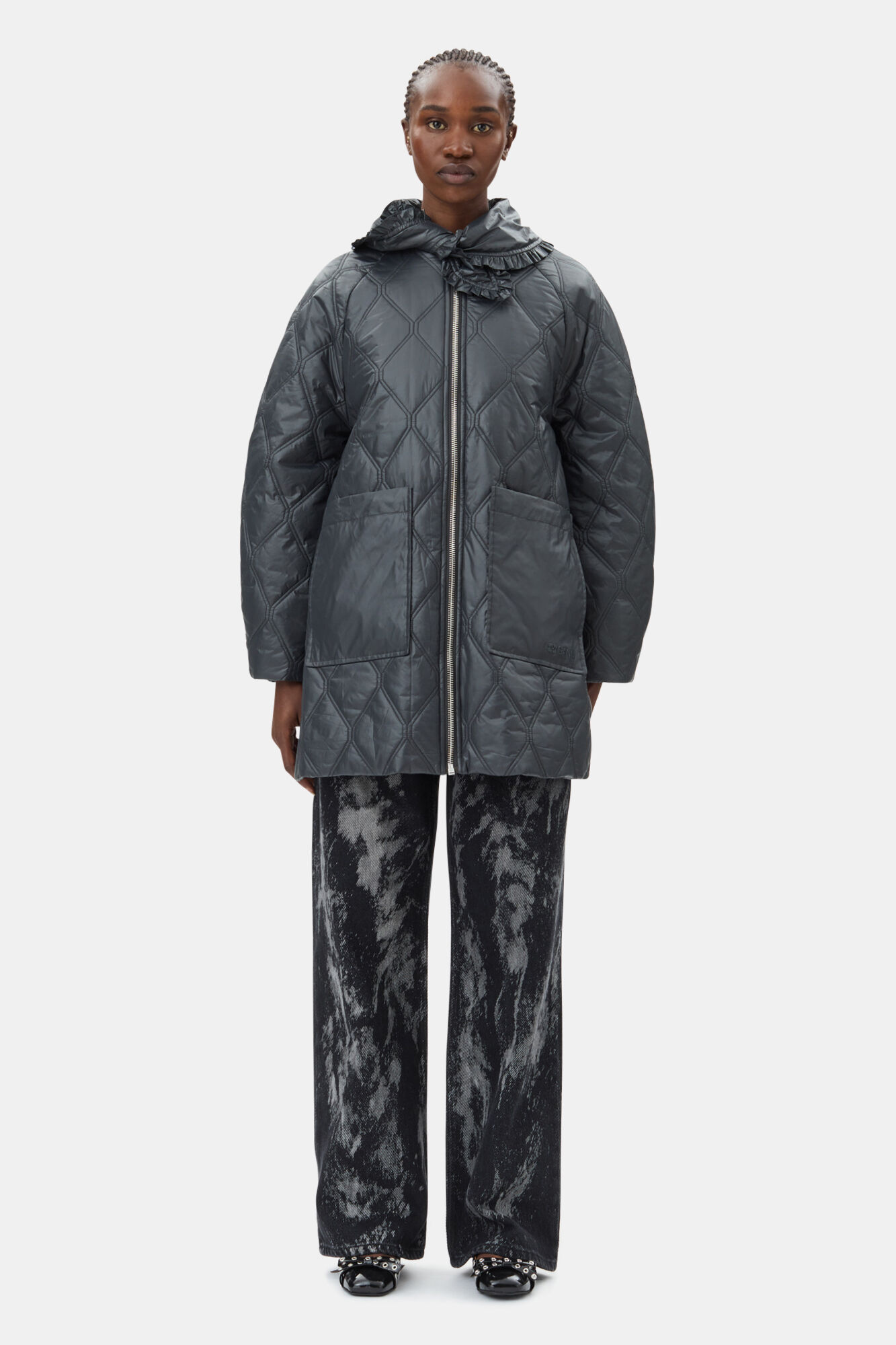Black Shiny Quilt Midi Jacket, Nylon, in colour Black Sand - 2 - GANNI