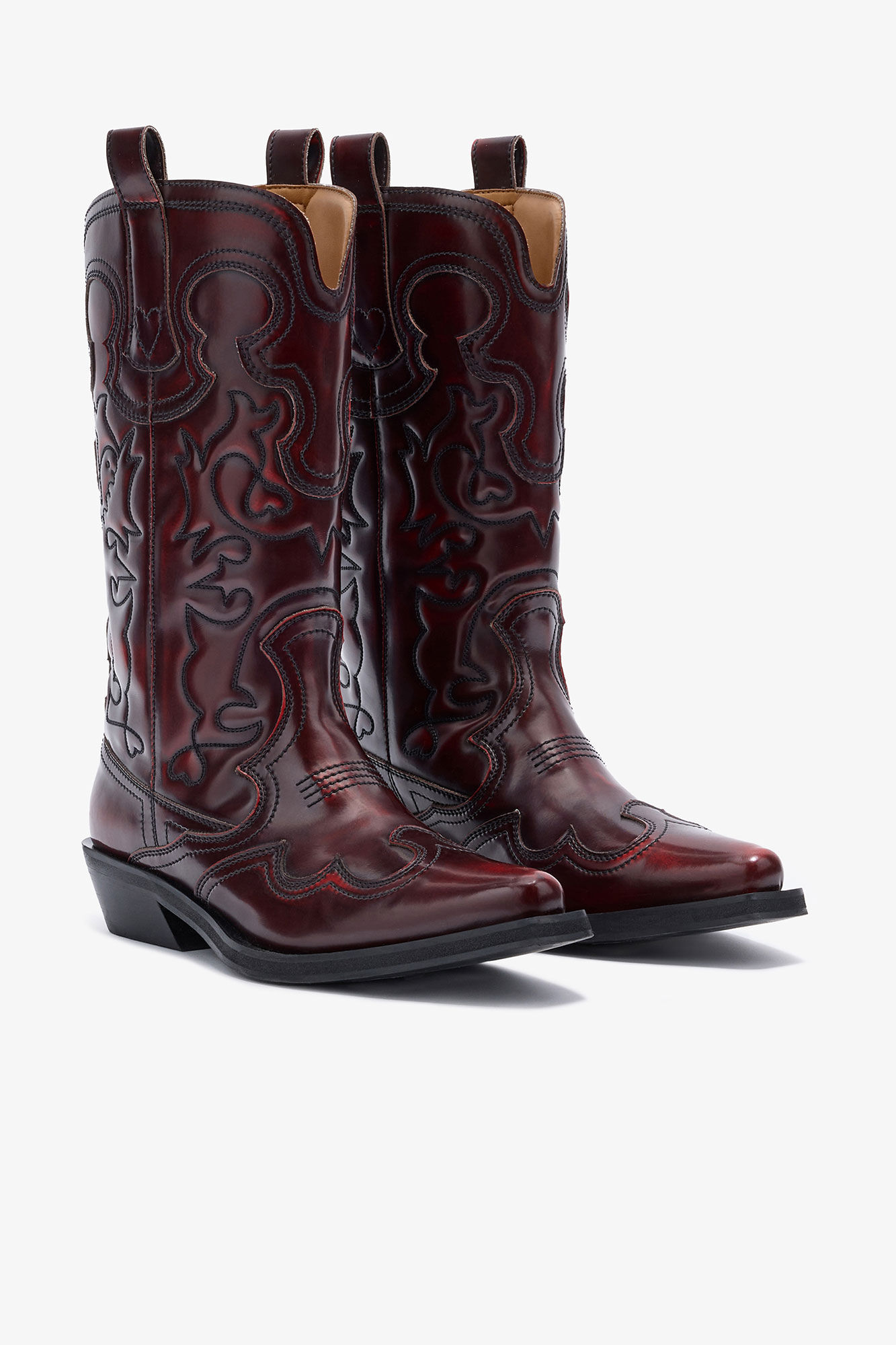Westernstiefel mit mittlerer Schaftlänge und Stickerei in Dunkelrot, Polyurethane, in colour Black/Dark Burgundy - 2 - GANNI