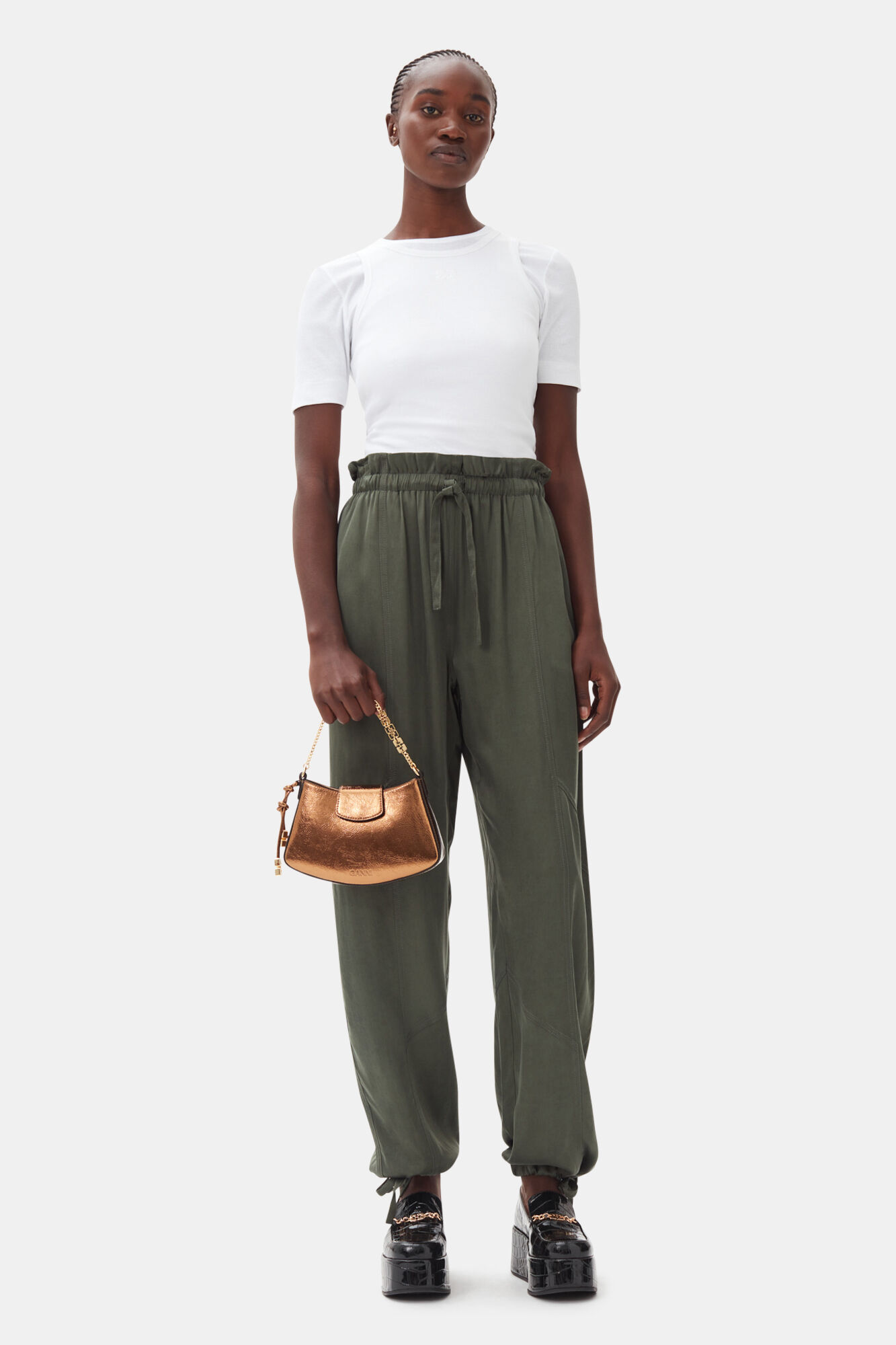 Green Washed Satin Pants, Cupro, in colour Climbing Ivy - 1 - GANNI