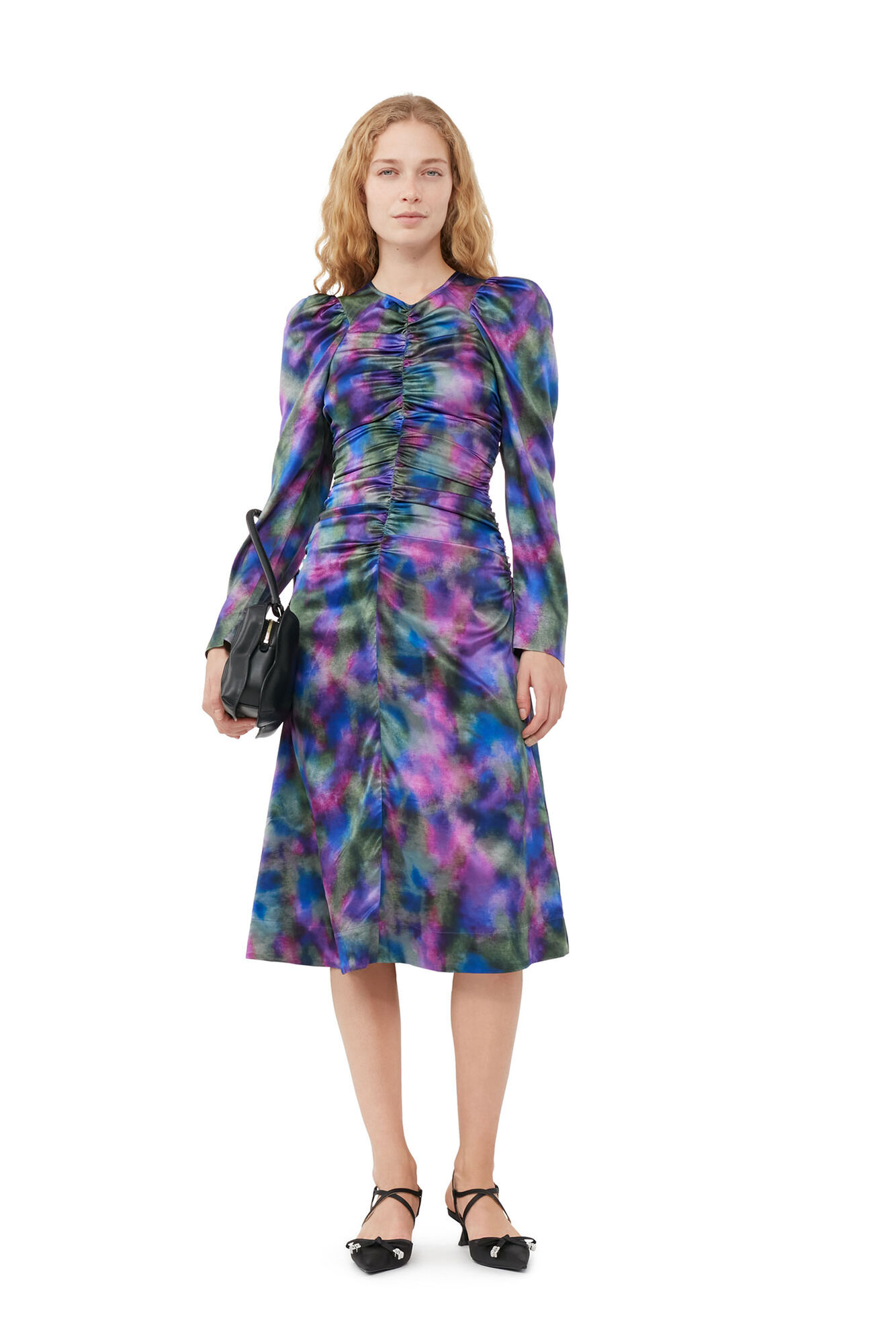 Lila Seidensatin-Midikleid mit O-Ausschnitt, Elastane, in colour Simply Purple - 5 - GANNI
