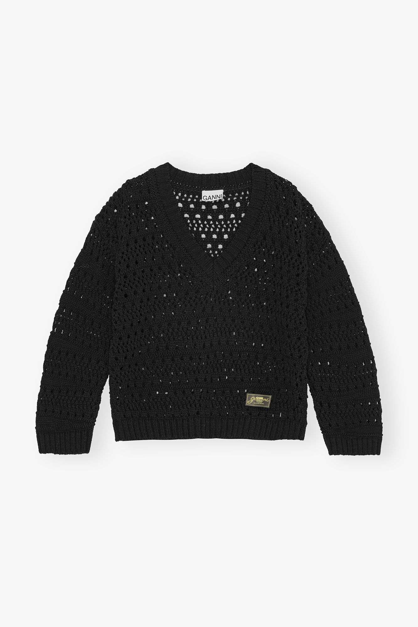 Black Crochet V-neck Jumper, Recycled Cotton, in colour Black - 1 - GANNI