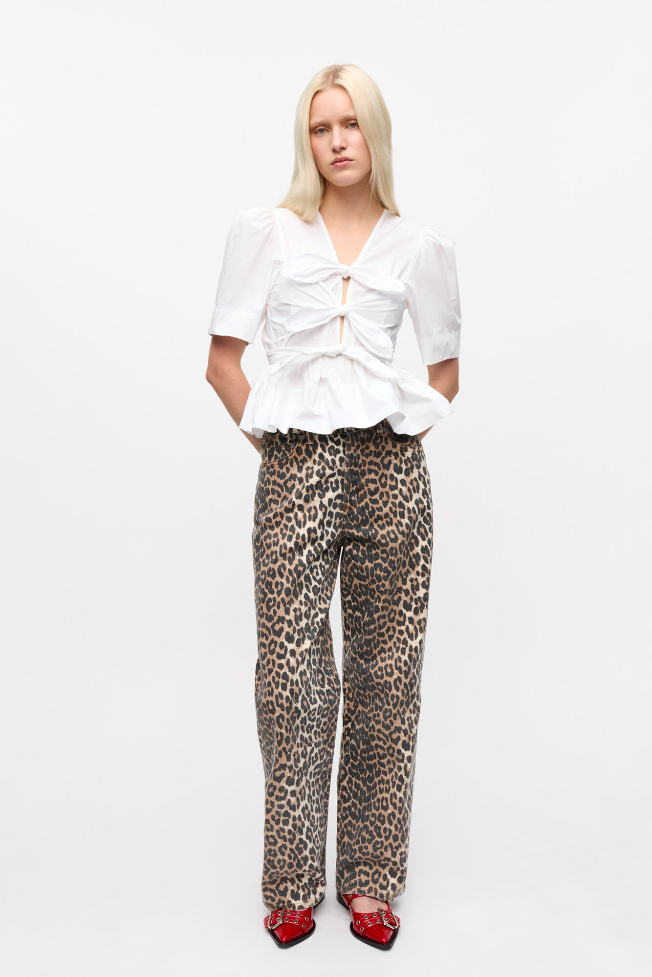 White Washed Stretch Cotton Tie Strap Blouse, Elastane, in colour Bright White - 2 - GANNI