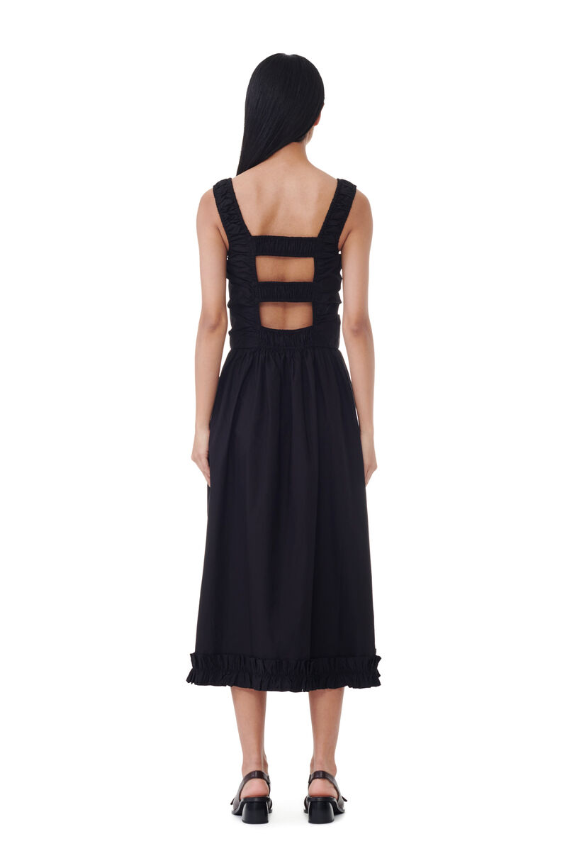 Black Cotton Poplin Midi Strap Smock-kjole, Cotton, in colour Black - 4 - GANNI