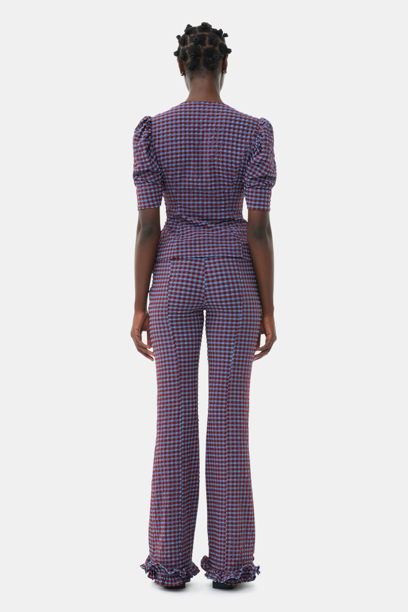 Checkered Stretch Seersucker Frill Trousers, Elastane, in colour Racing Red - 4 - GANNI