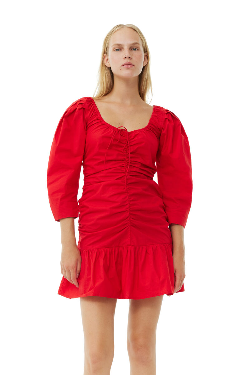 Robe Red Cotton Poplin Gathered U-neck Mini, Cotton, in colour Racing Red - 2 - GANNI