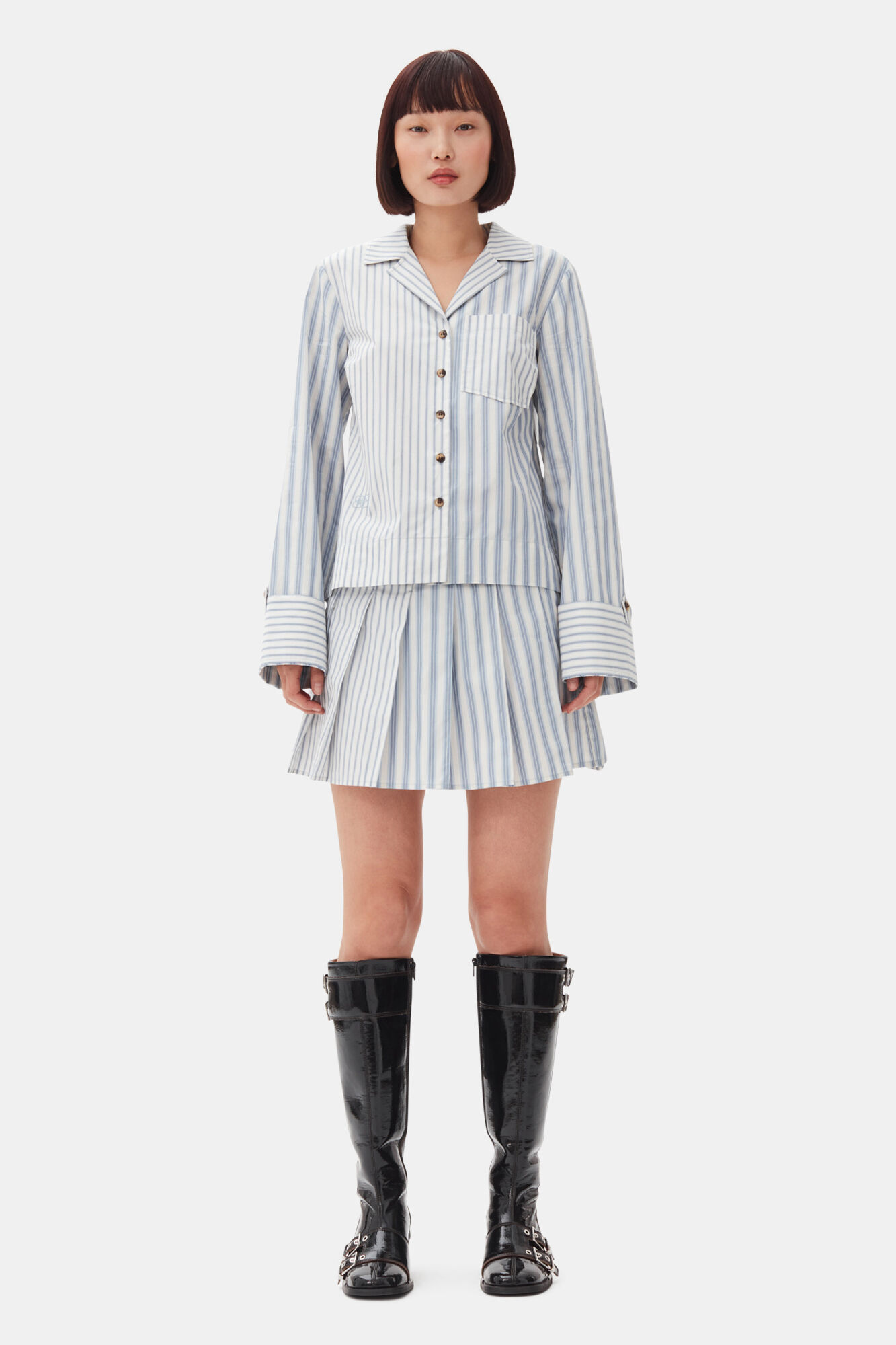 Blue Stripe Cotton Shirt, Cotton, in colour Egret - 2 - GANNI