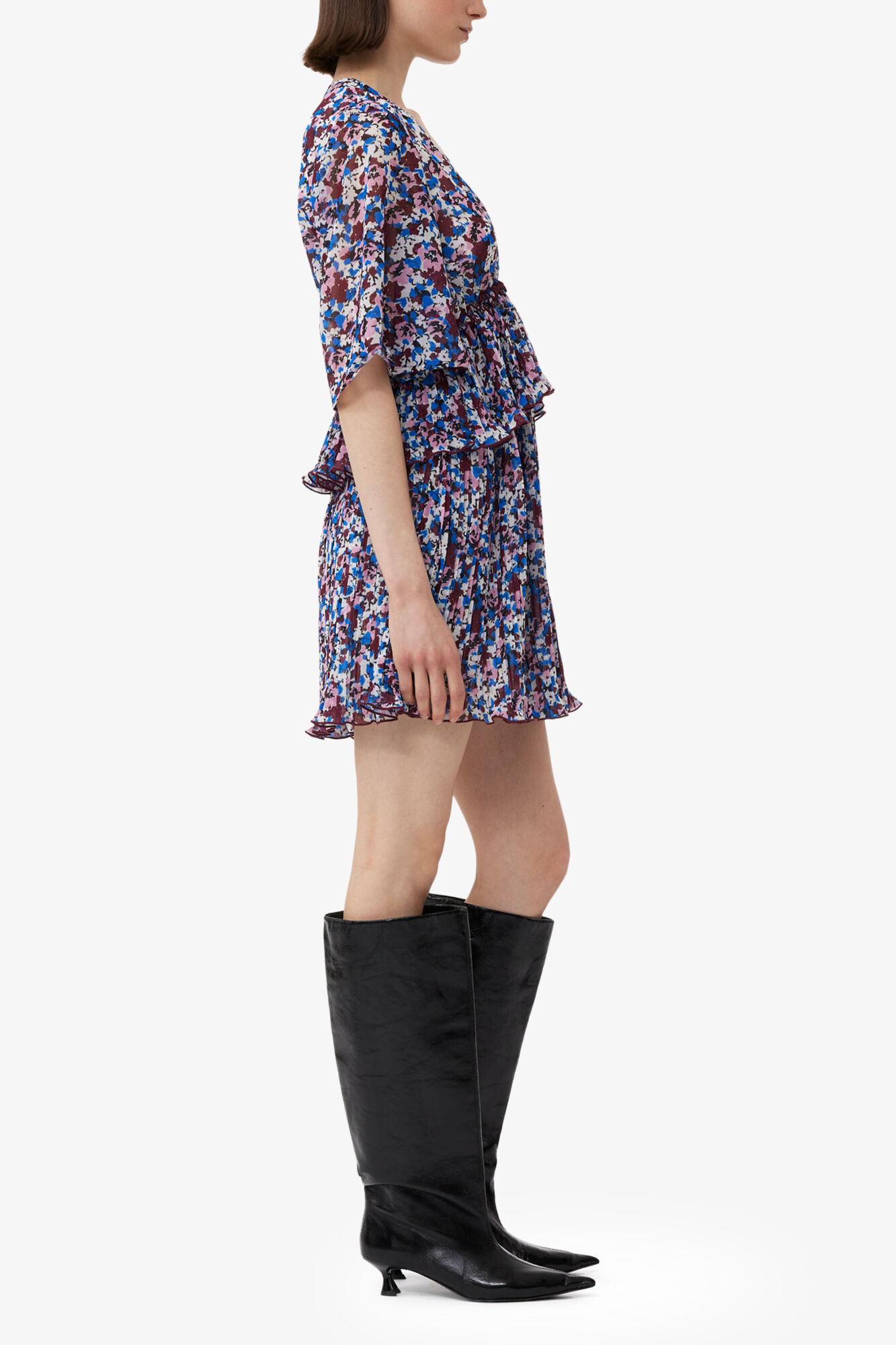 Multicolour Pleated Georgette V-neck Flounce Mini Dress | GANNI FI