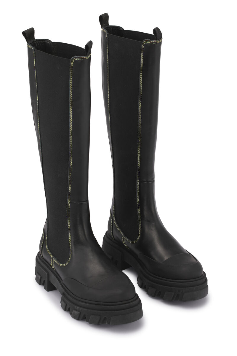Yellow Stitch Knee-High Chelsea Boots , Calf Leather, in colour Black - 2 - GANNI