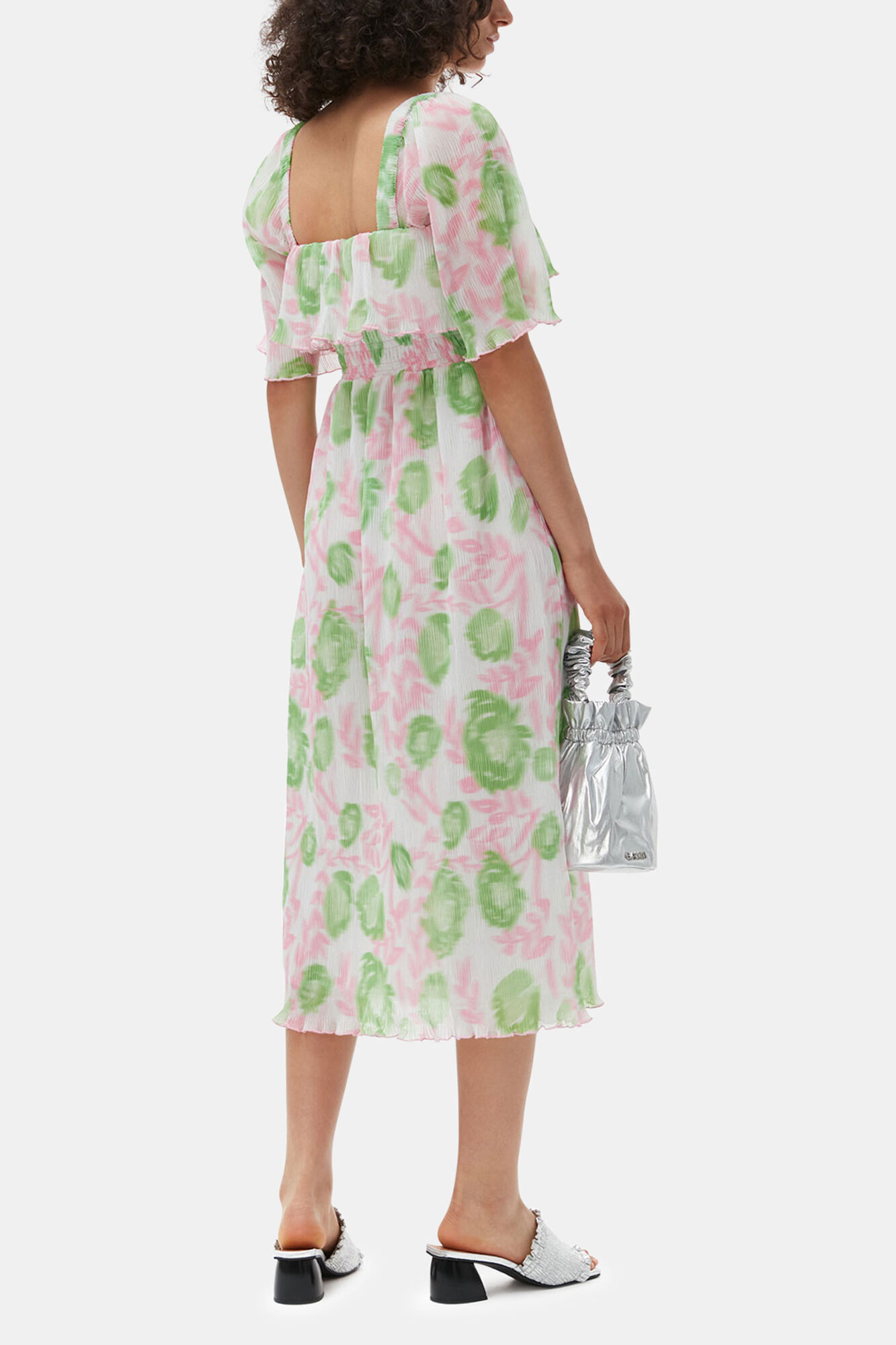 Pleated Georgette Midi Smock Dress, Recycled Polyester, in colour Pink Tulle - 2 - GANNI