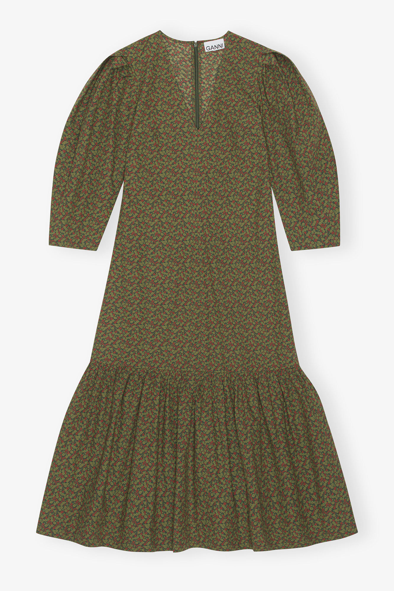 Tryckt Bomulls Maxi Klänning med V-ringning, Cotton, in colour Avocado - 1 - GANNI