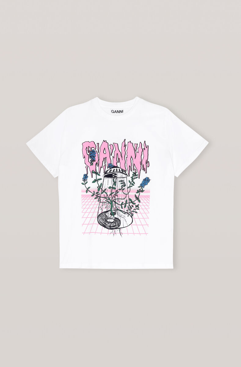 Basic Cotton Jersey T-shirt, UFO Flower, Cotton, in colour Bright White - 1 - GANNI
