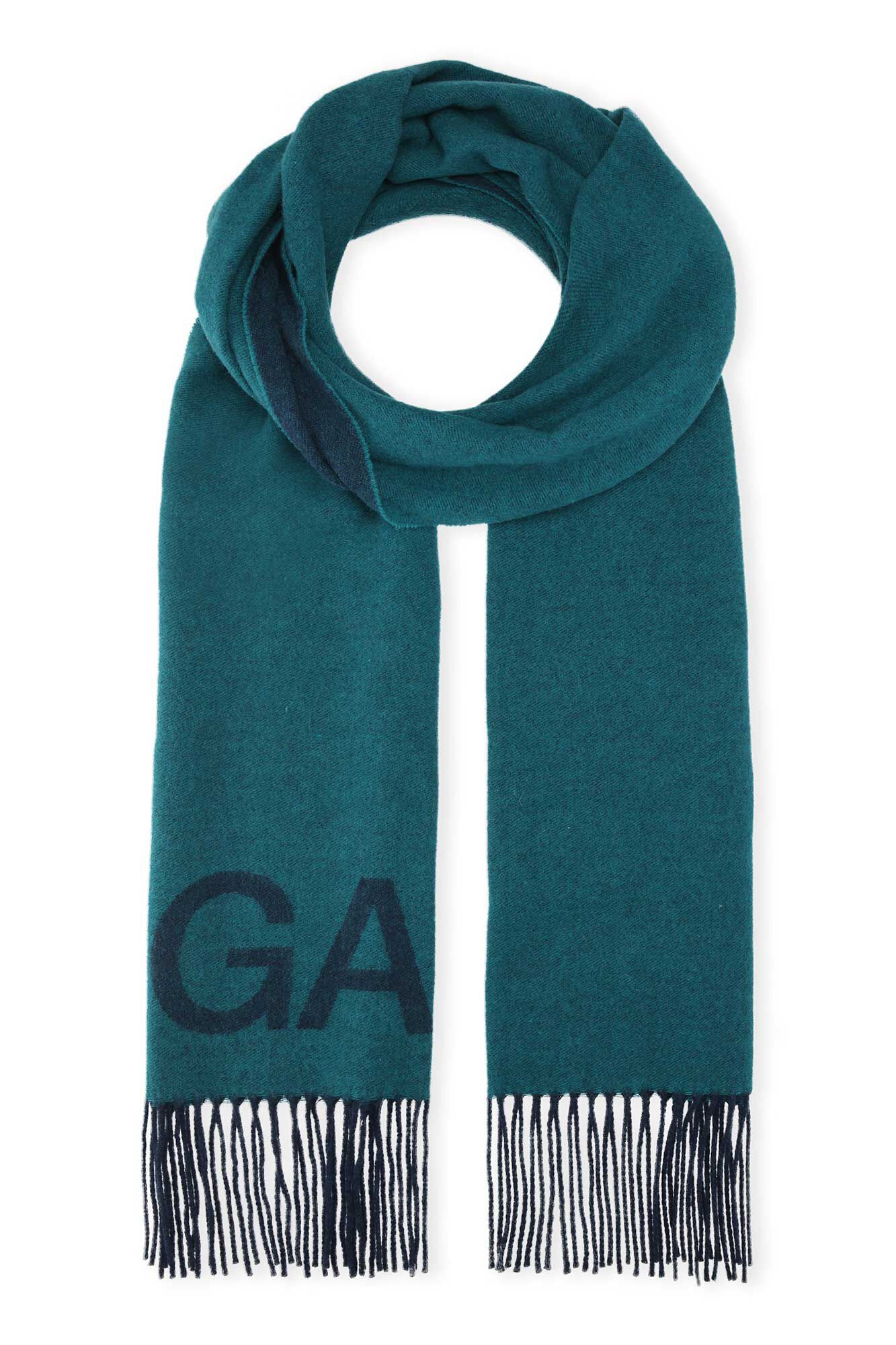 Wool Mix Fringed Wool Scarf, Recycled Wool, in colour Harbor Blue - 1 - GANNI