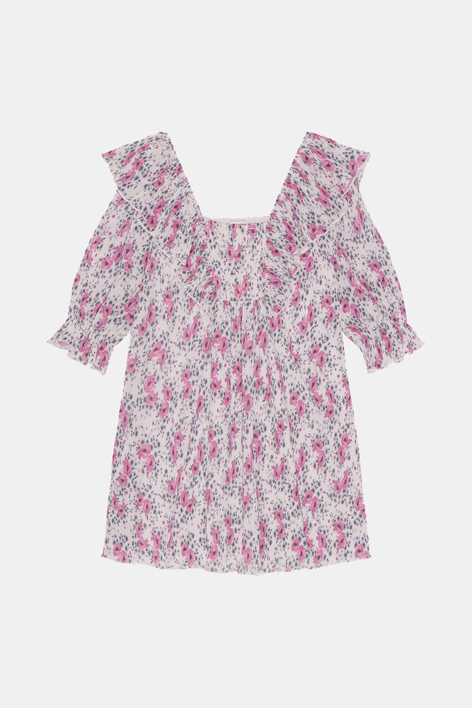 Pleated Georgette Ruffle Mini Dress, Mauve Chalk