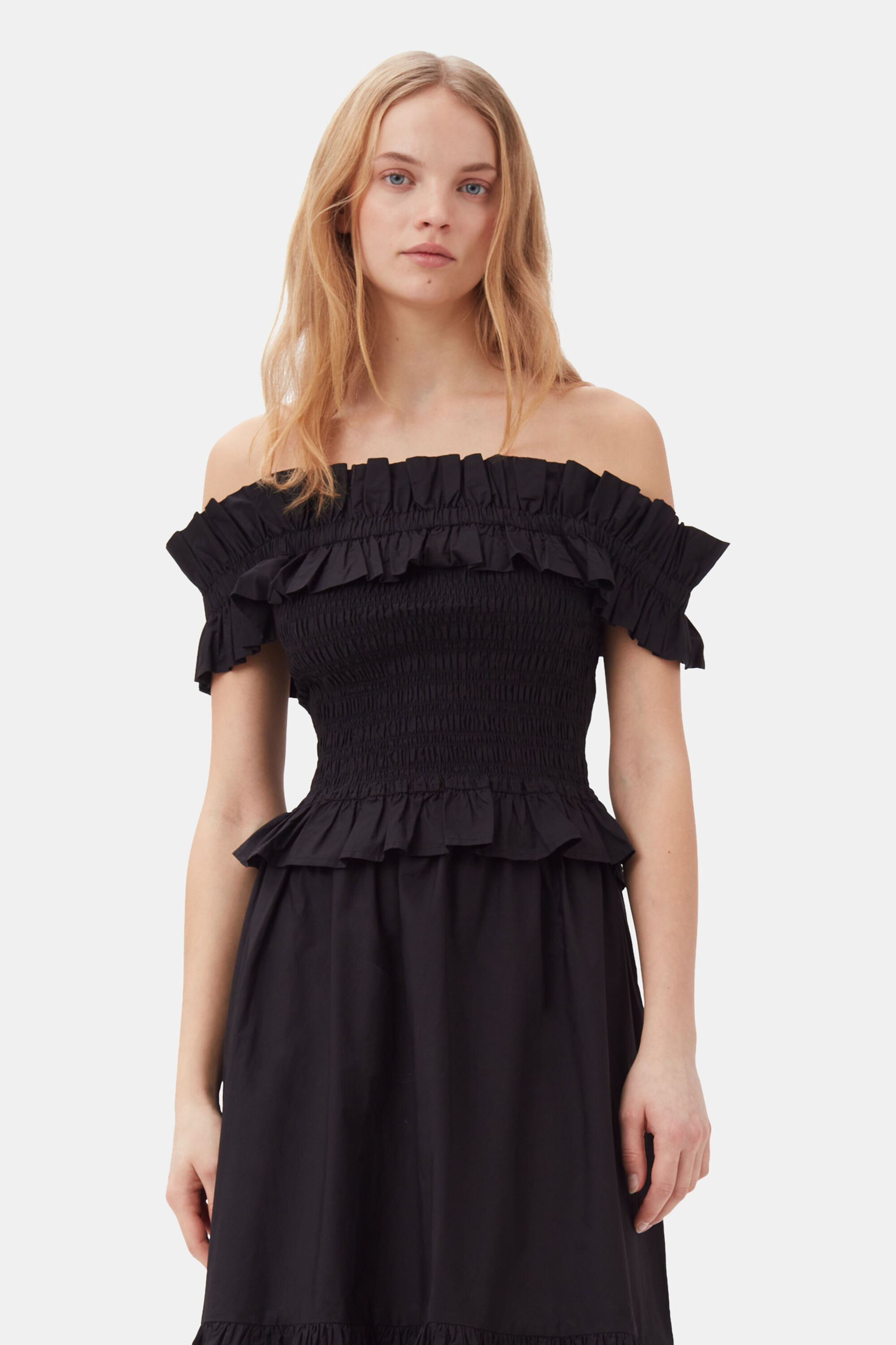 Black Cotton Poplin Off-Shoulder Smock Top | GANNI IT