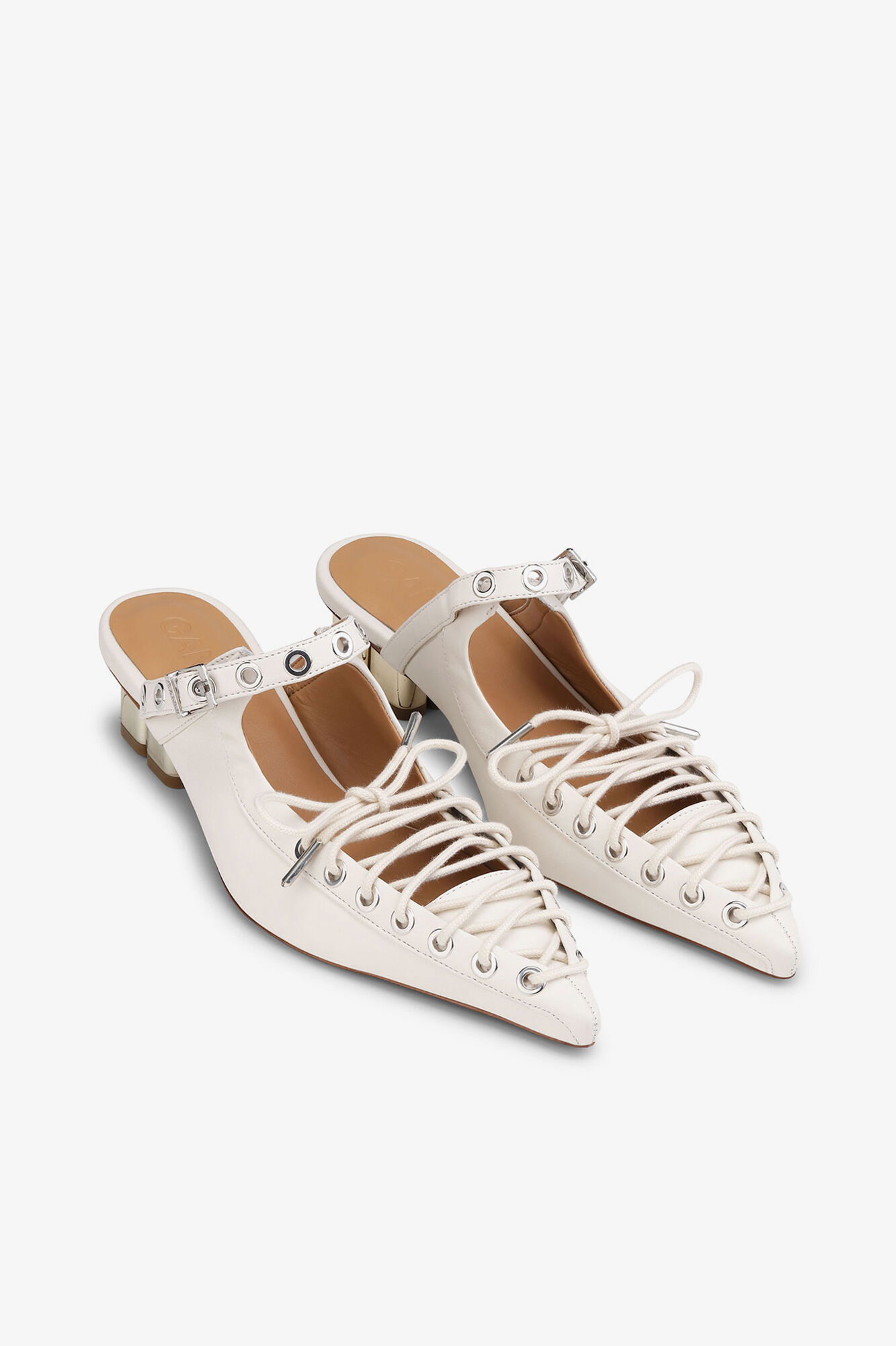 Lace-Up Mules in Ivory, Recycled Leather, in colour Egret - 2 - GANNI