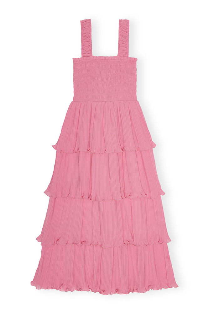 Pink Pleated Georgette Flounce Smock Midi Dress, Orchid Smoke