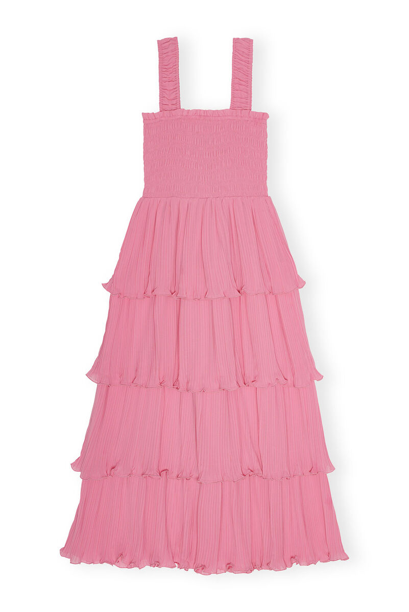 Pink Pleated Georgette Flounce Smock Midi Kleid, Recycled Polyester, in colour Orchid Smoke - 1 - GANNI
