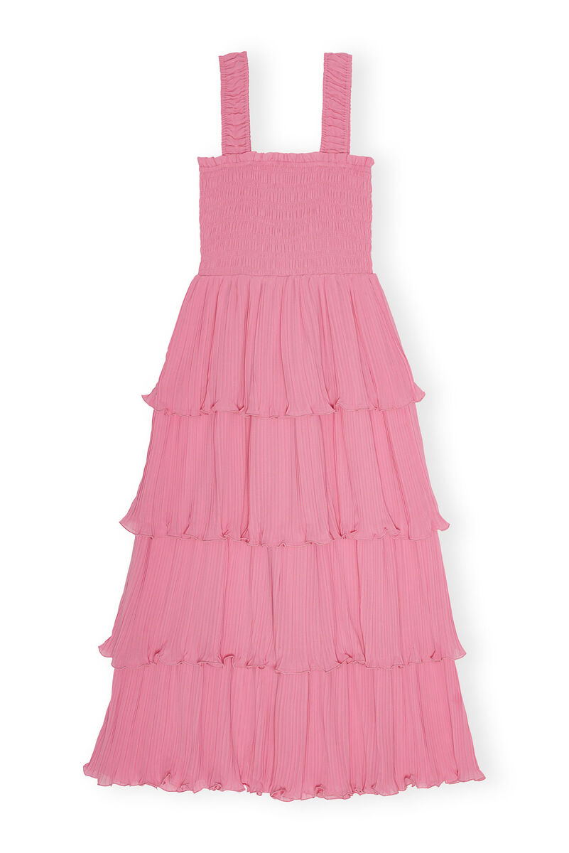 Orchid Smoke Pink Pleated Flounce Smock Midi Dress GANNI US