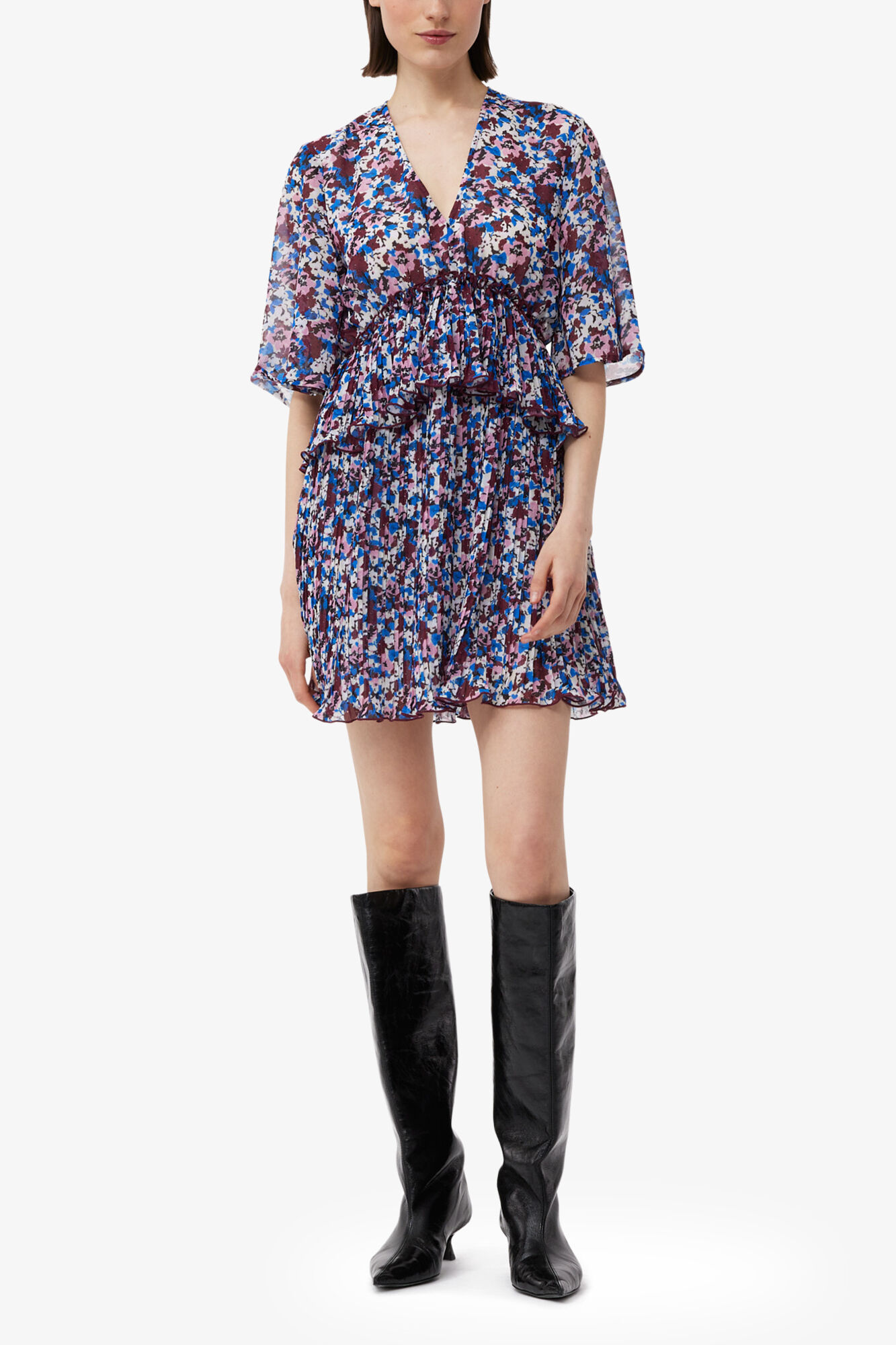 Multicolour Pleated Georgette V-neck Flounce Mini Dress, Recycled Polyester, in colour Multicolour - 1 - GANNI