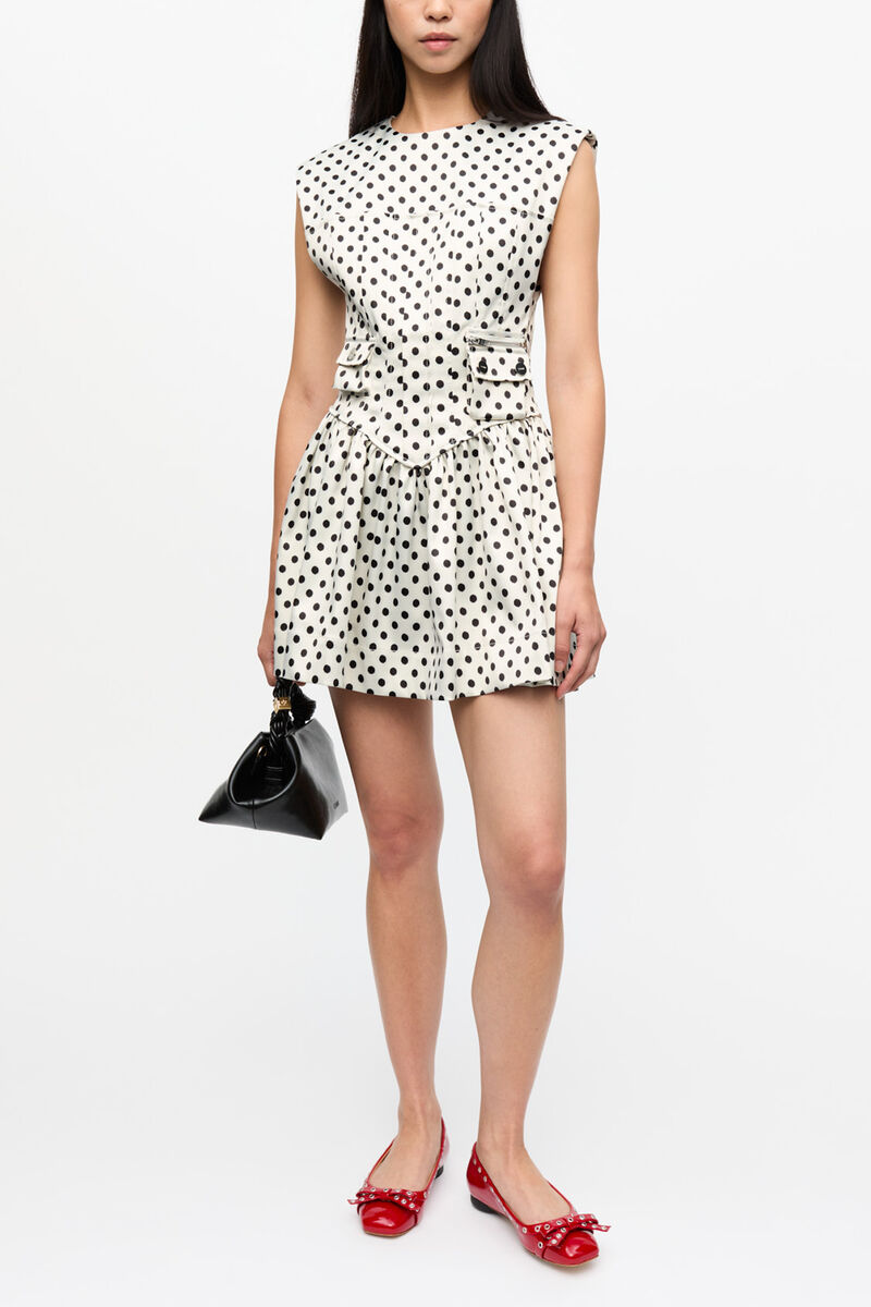 Polka-Dot Satin Corset Mini Dress, Recycled Polyester, in colour Egret - 1 - GANNI