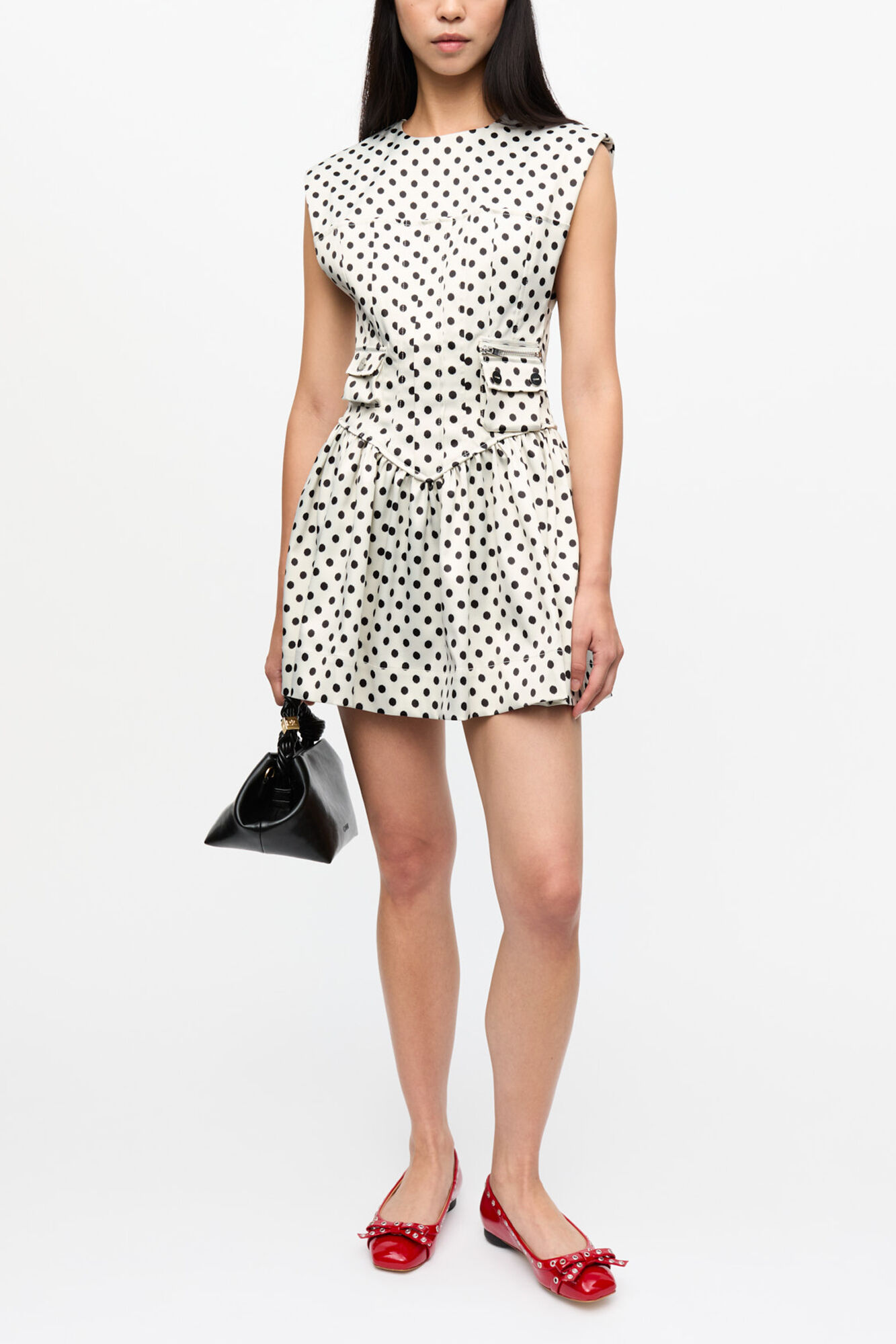 Polka-Dot Satin Corset Mini Dress, Recycled Polyester, in colour Egret - 1 - GANNI