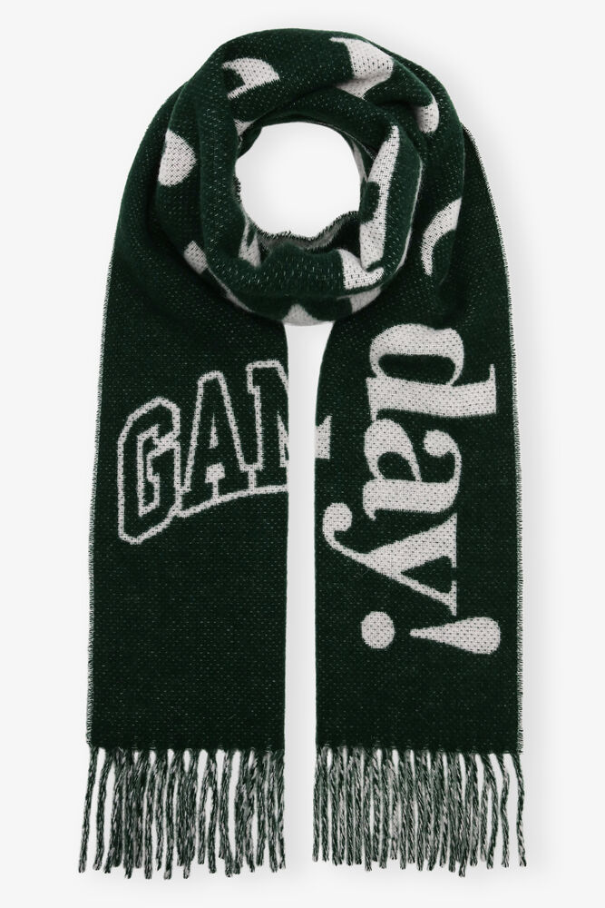 Green Fringed Wool Scarf, Forest Night