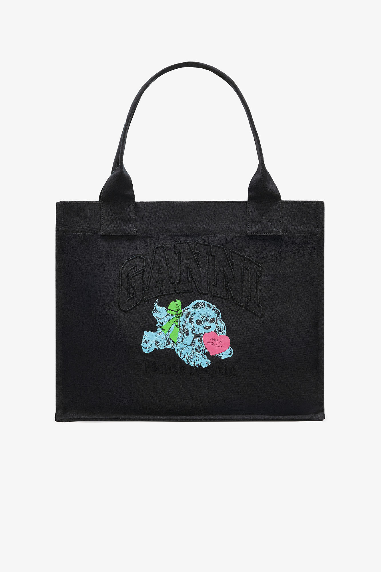 Stor sort tote med valpetrykk, Recycled Cotton, in colour Phantom - 1 - GANNI