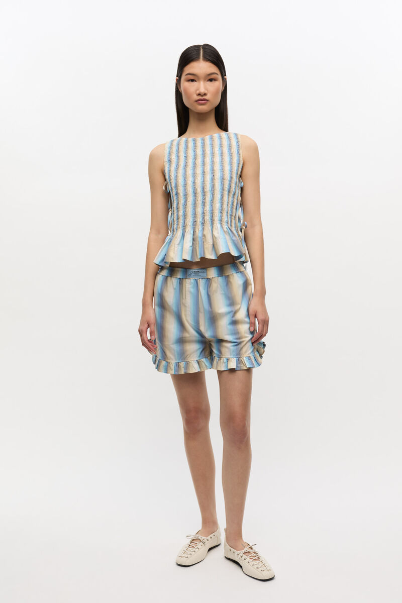 Ombre Stripe Ruffle Shorts, Cotton, in colour Multicolour - 1 - GANNI