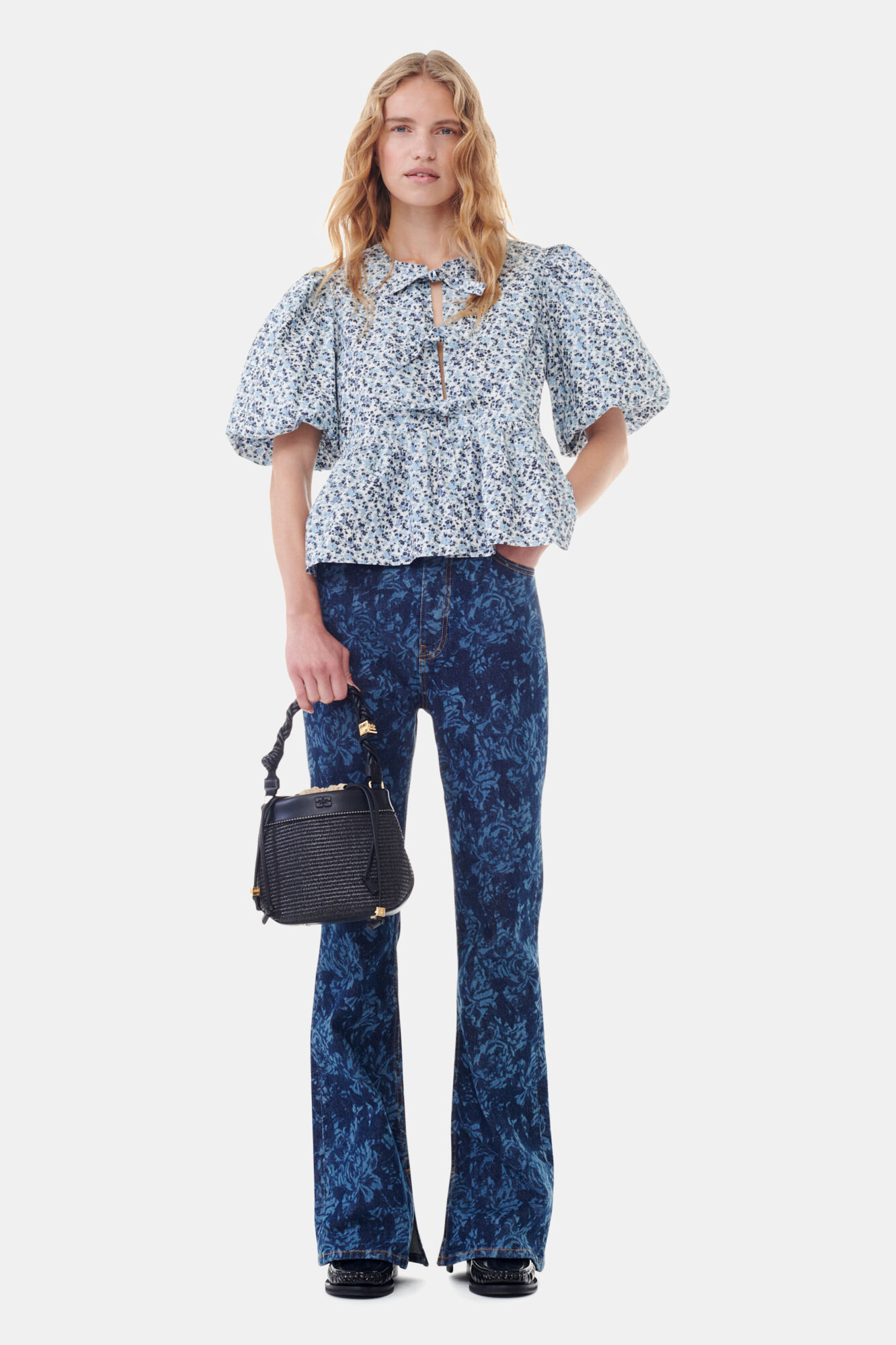 Floral Printed Cotton Poplin Peplum Blouse, Cotton, in colour Glacier Lake - 2 - GANNI