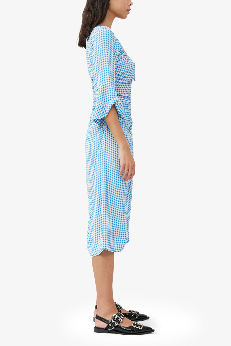 Printed Crepe Gathered U-neck Midi Dress, Viscose, in colour Strong Blue - 4 - GANNI